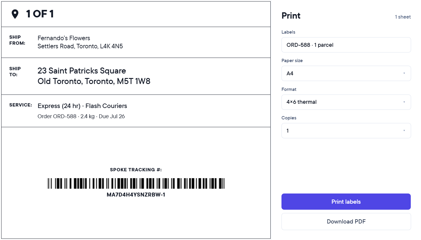 A shipping label with sender and recipient addresses, a barcode, and adjacent print settings.