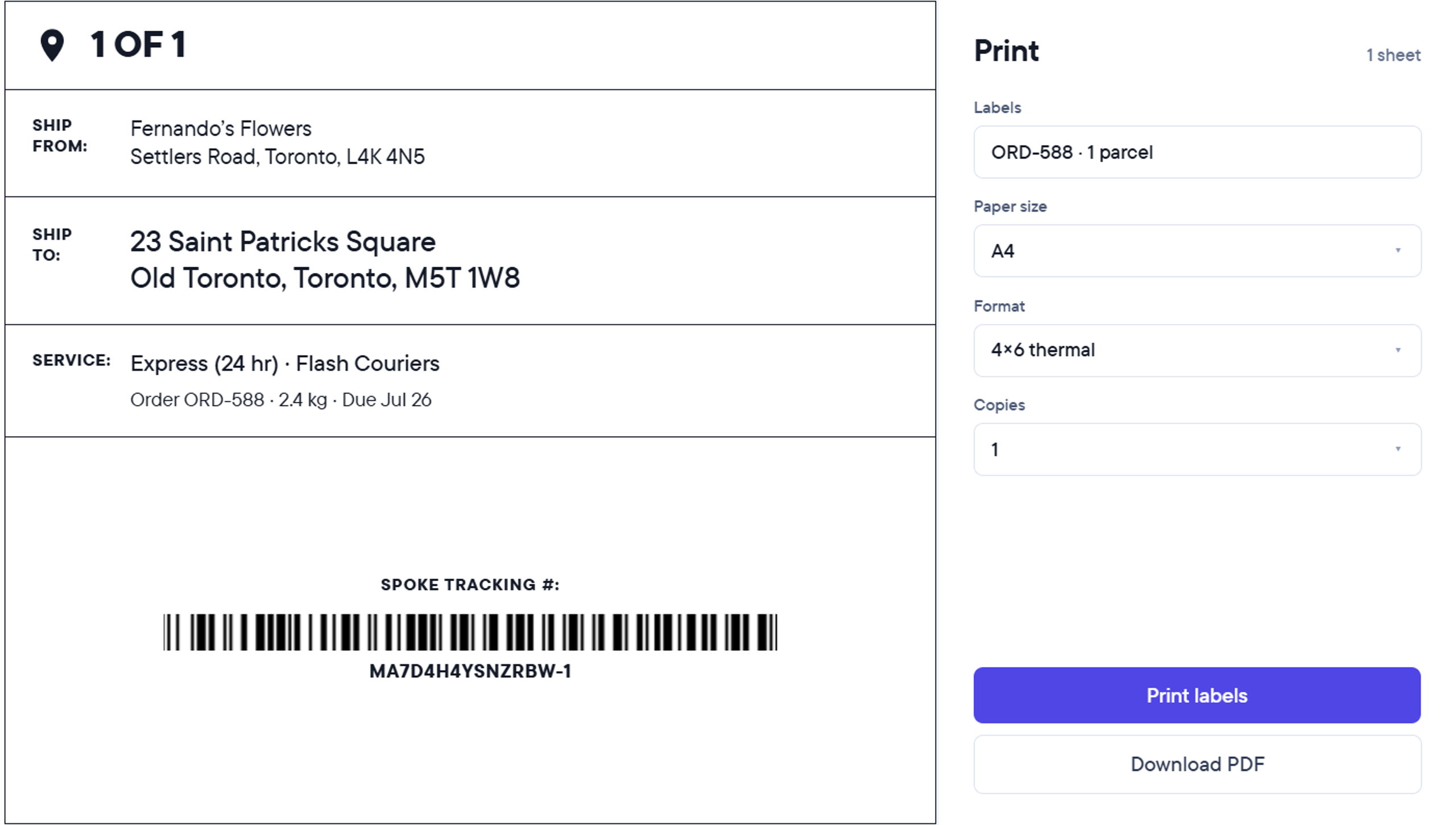 A shipping label with sender and recipient addresses, a barcode, and adjacent print settings.