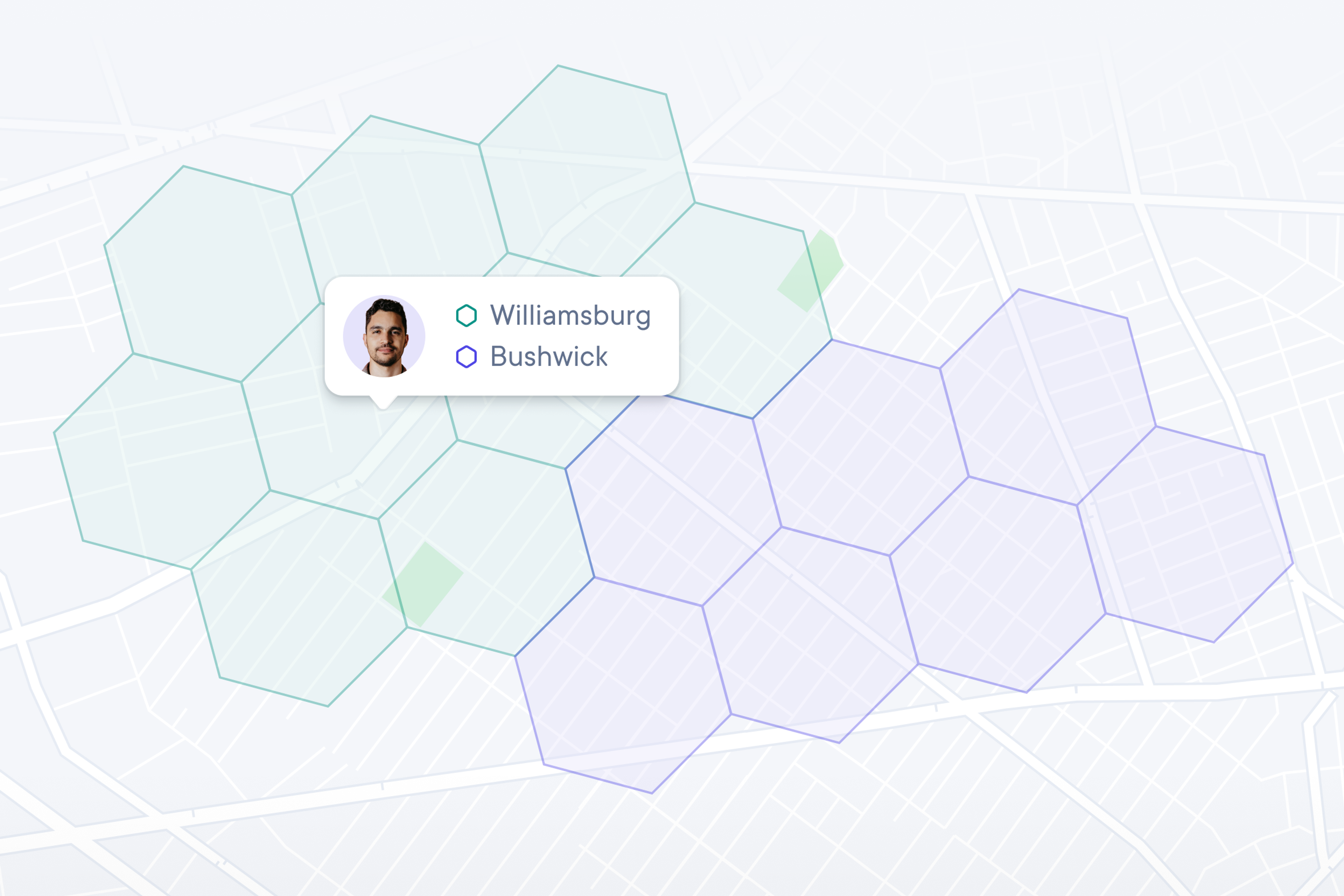 Map visualization using hexagonal zones showing driver territory assignments, highlighting a driver covering Williamsburg and Bushwick regions.