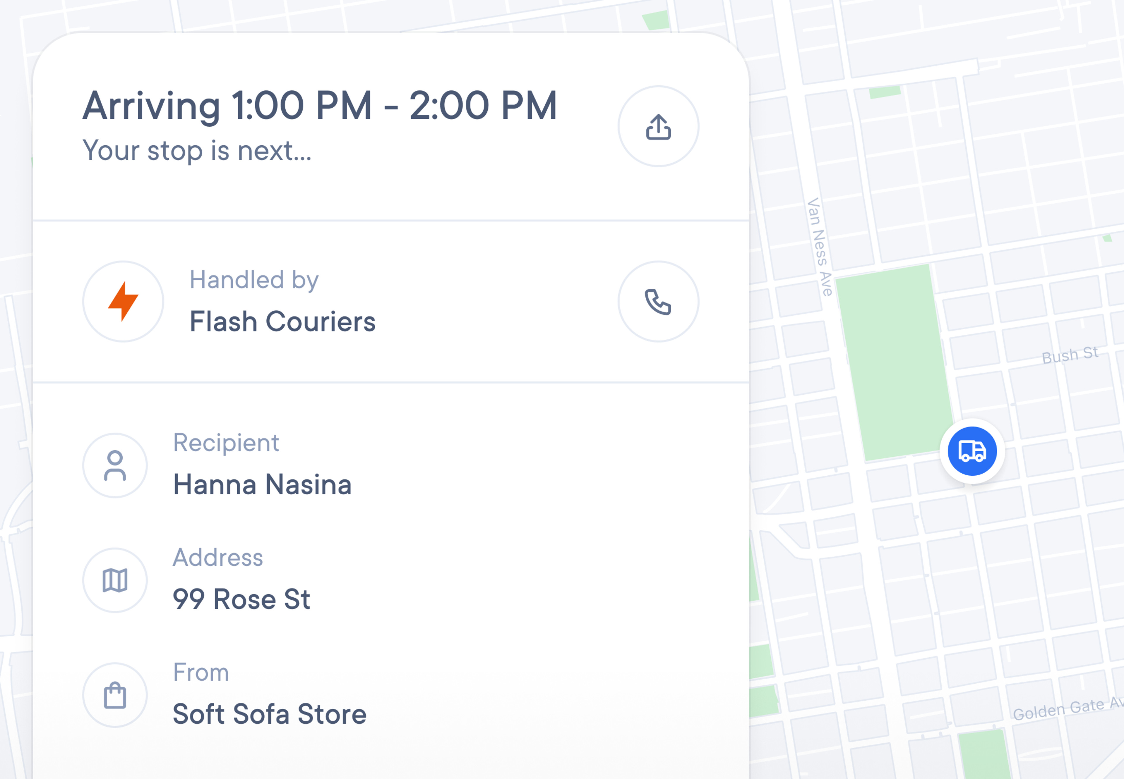 Email notification from Flash Couriers informing customer Alex about an upcoming shipment from Dog Food, including estimated delivery window from 11:00 AM to 1:00 PM and a tracking link.