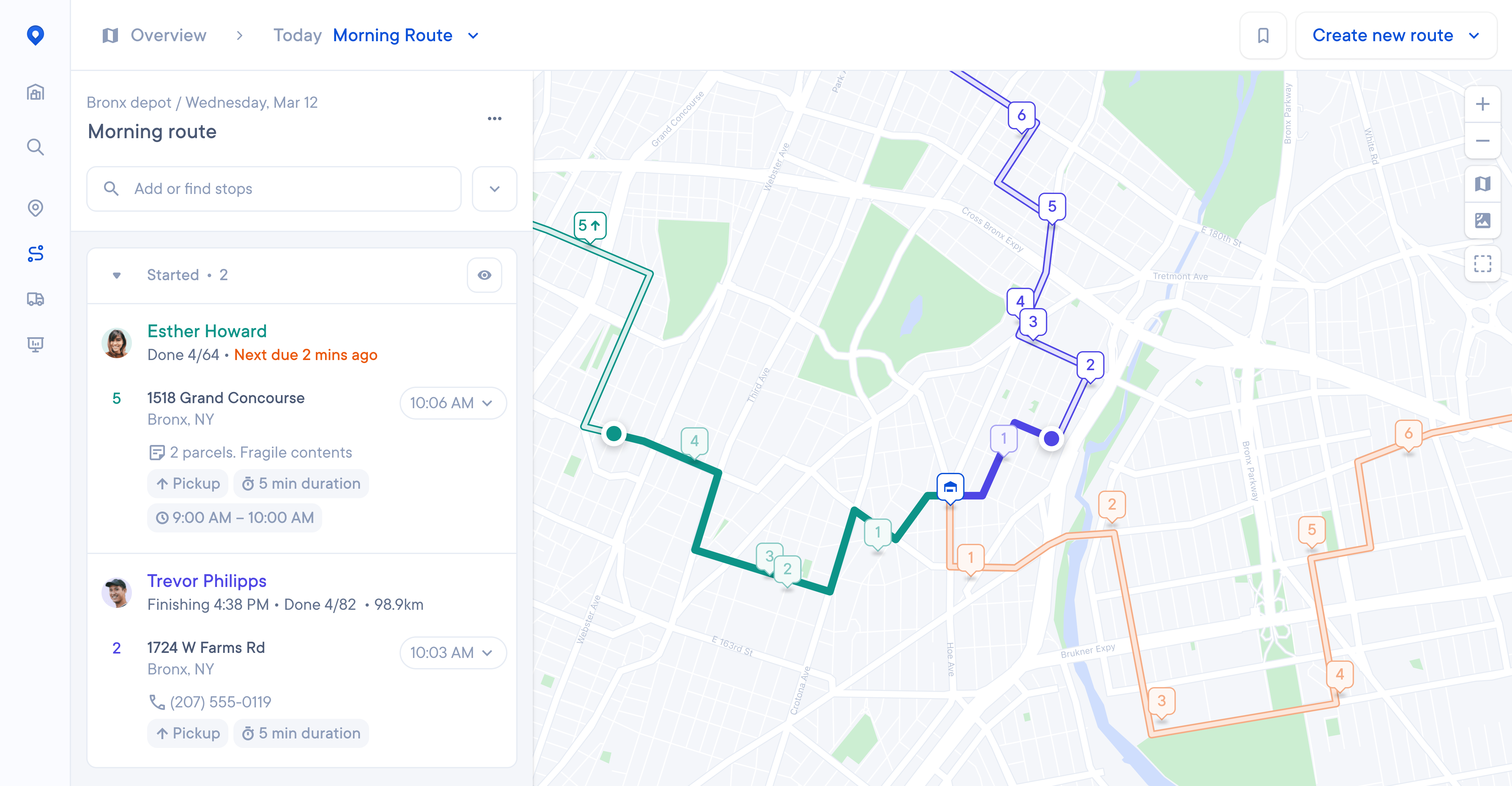 A split-screen dashboard showing a left sidebar with “Overview › Today Morning Route,” a search box, and two drivers (Esther Howard and Trevor Philipps) with their next stops and times, alongside a main map of the Bronx displaying three colored delivery routes (blue, teal, orange) radiating from a central depot icon with stops labelled, plus zoom controls and a “Create new route” button.