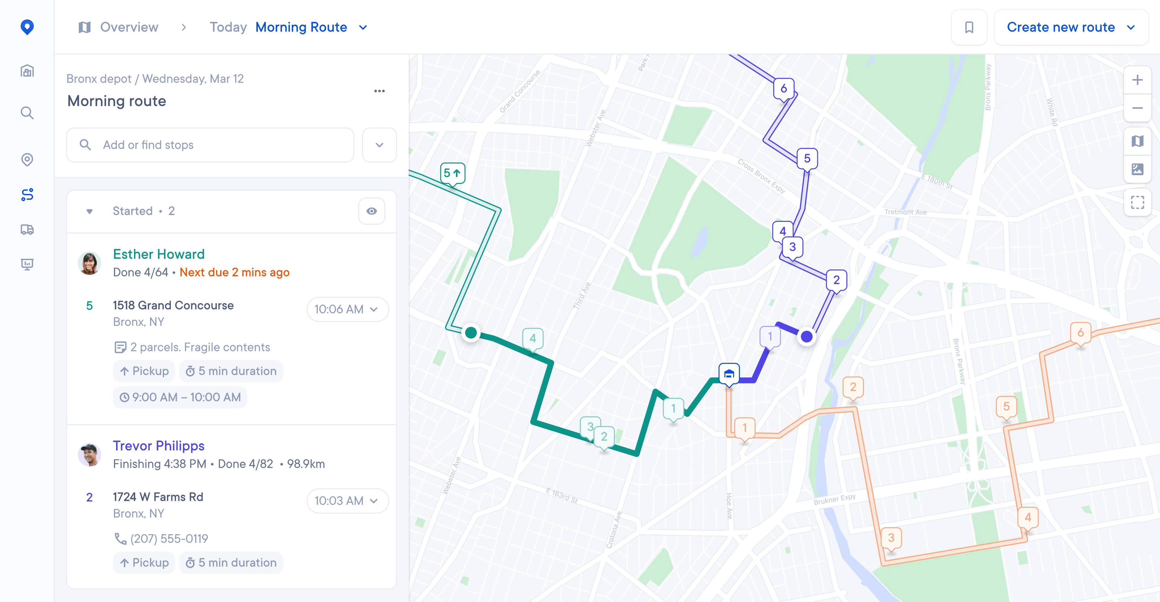 A split-screen dashboard showing a left sidebar with “Overview › Today Morning Route,” a search box, and two drivers (Esther Howard and Trevor Philipps) with their next stops and times, alongside a main map of the Bronx displaying three colored delivery routes (blue, teal, orange) radiating from a central depot icon with stops labelled, plus zoom controls and a “Create new route” button.