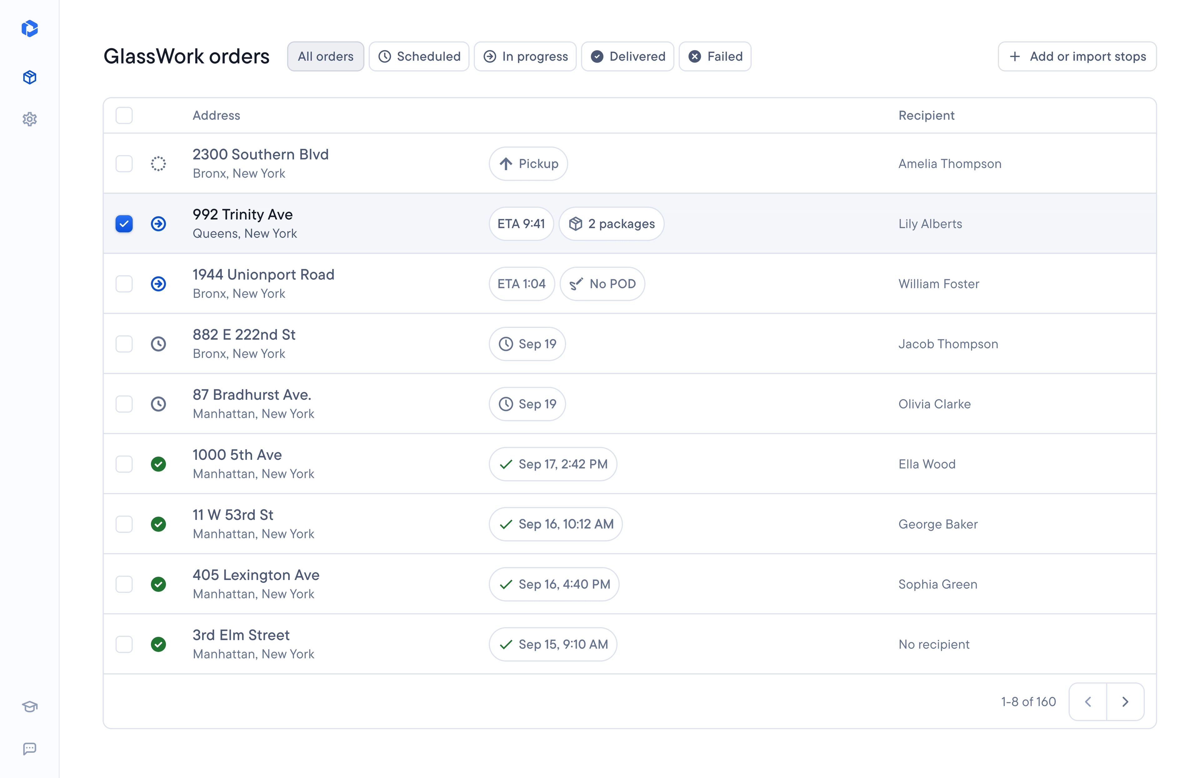 Order management dashboard, displaying a list of orders with addresses, recipients, and delivery status details.