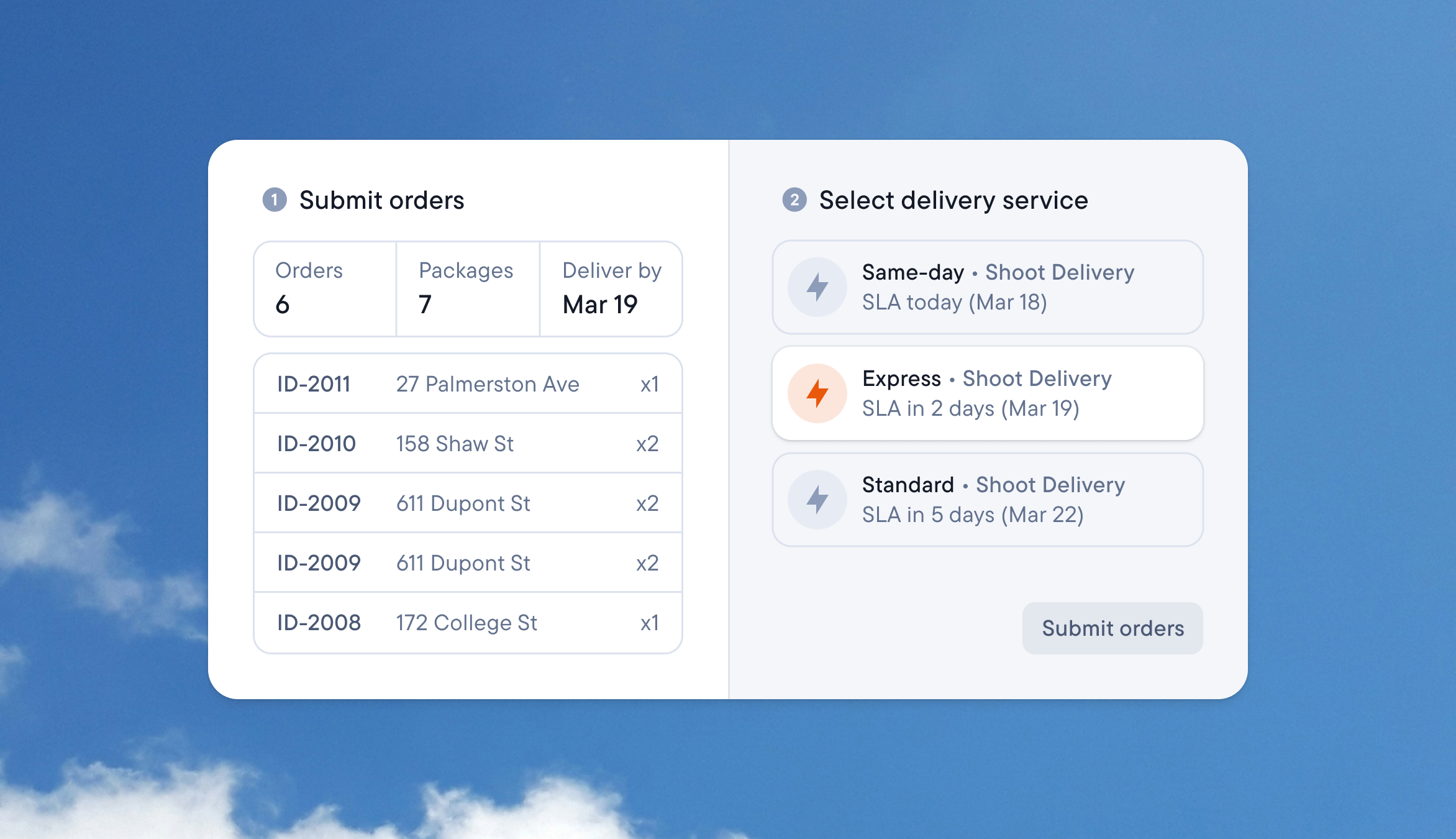 Order form where a client submits six orders and picks a delivery service: Same-day, Express, or Standard