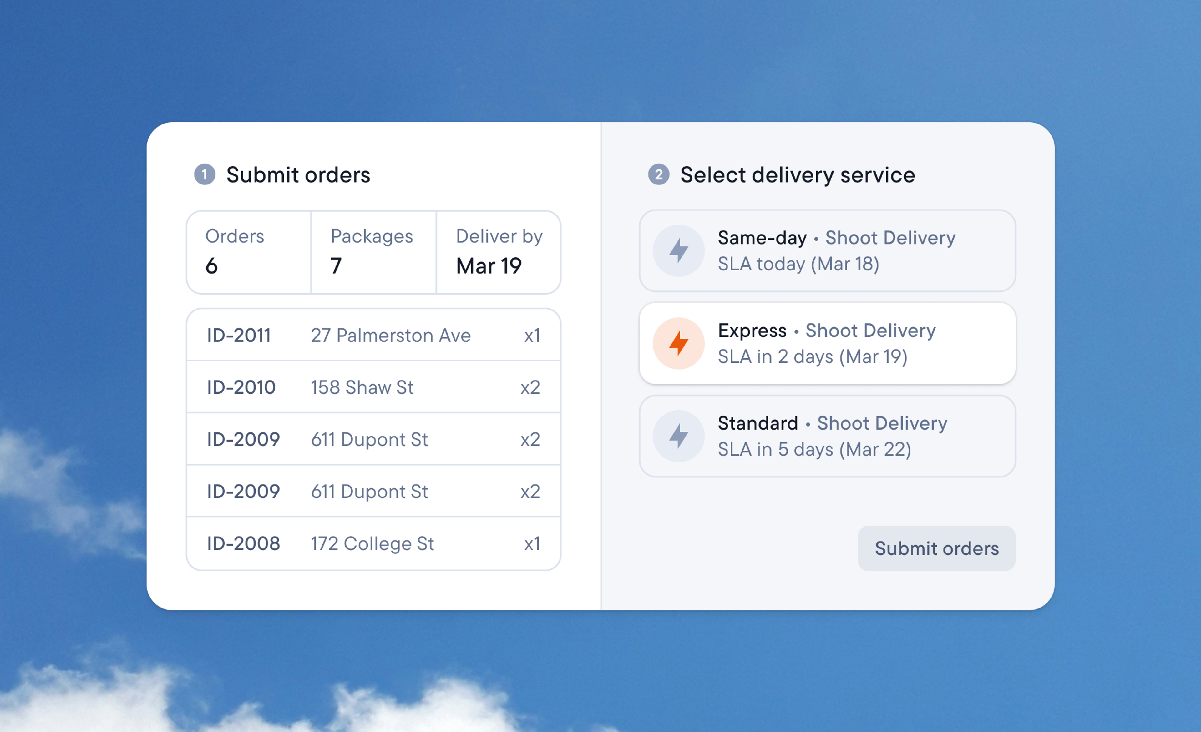 Order form where a client submits six orders and picks a delivery service: Same-day, Express, or Standard