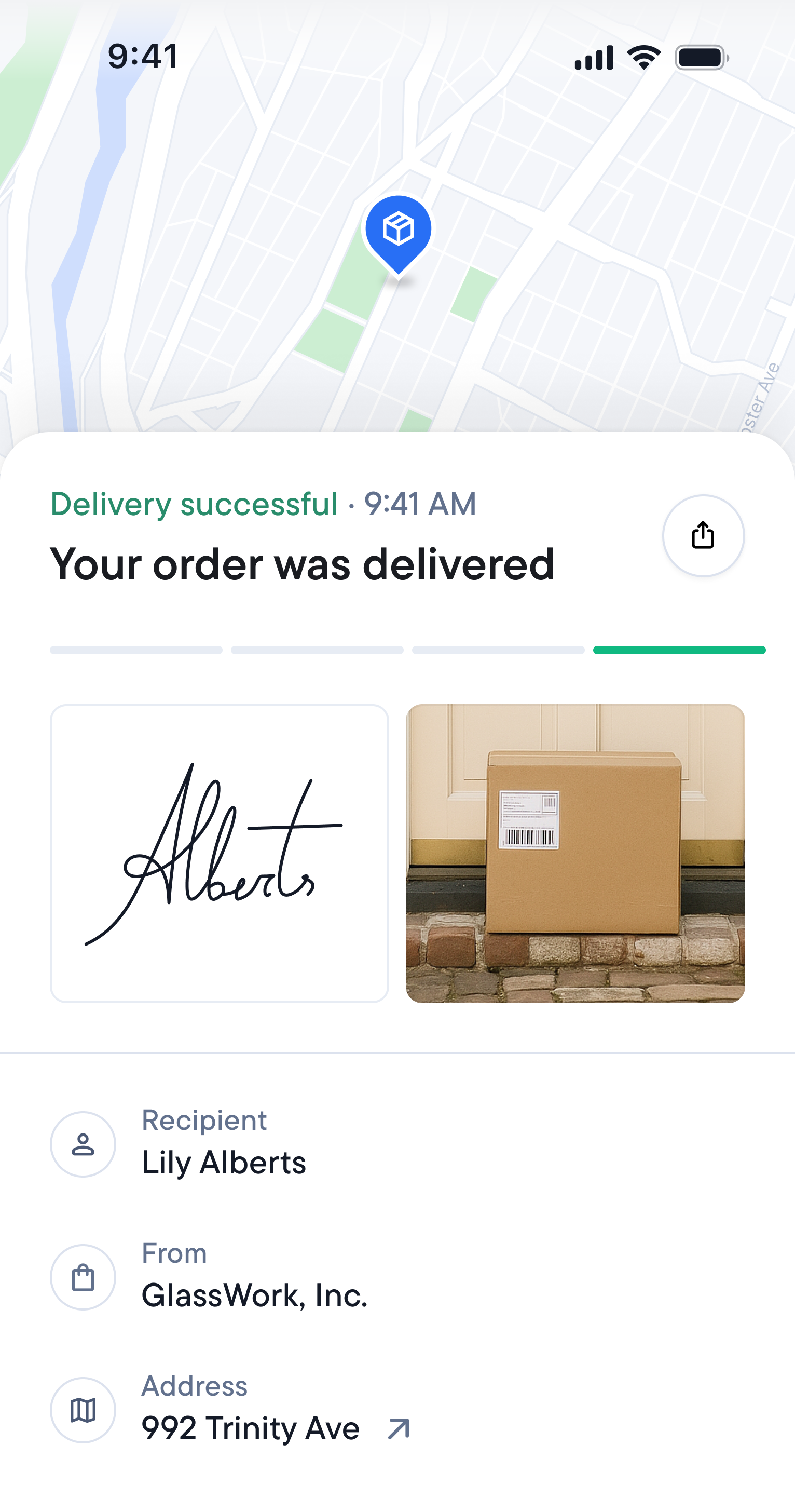 Delivery tracking page displaying an order delivery confirmation with a map, a signature, a photo of a package on a doorstep, and delivery details.