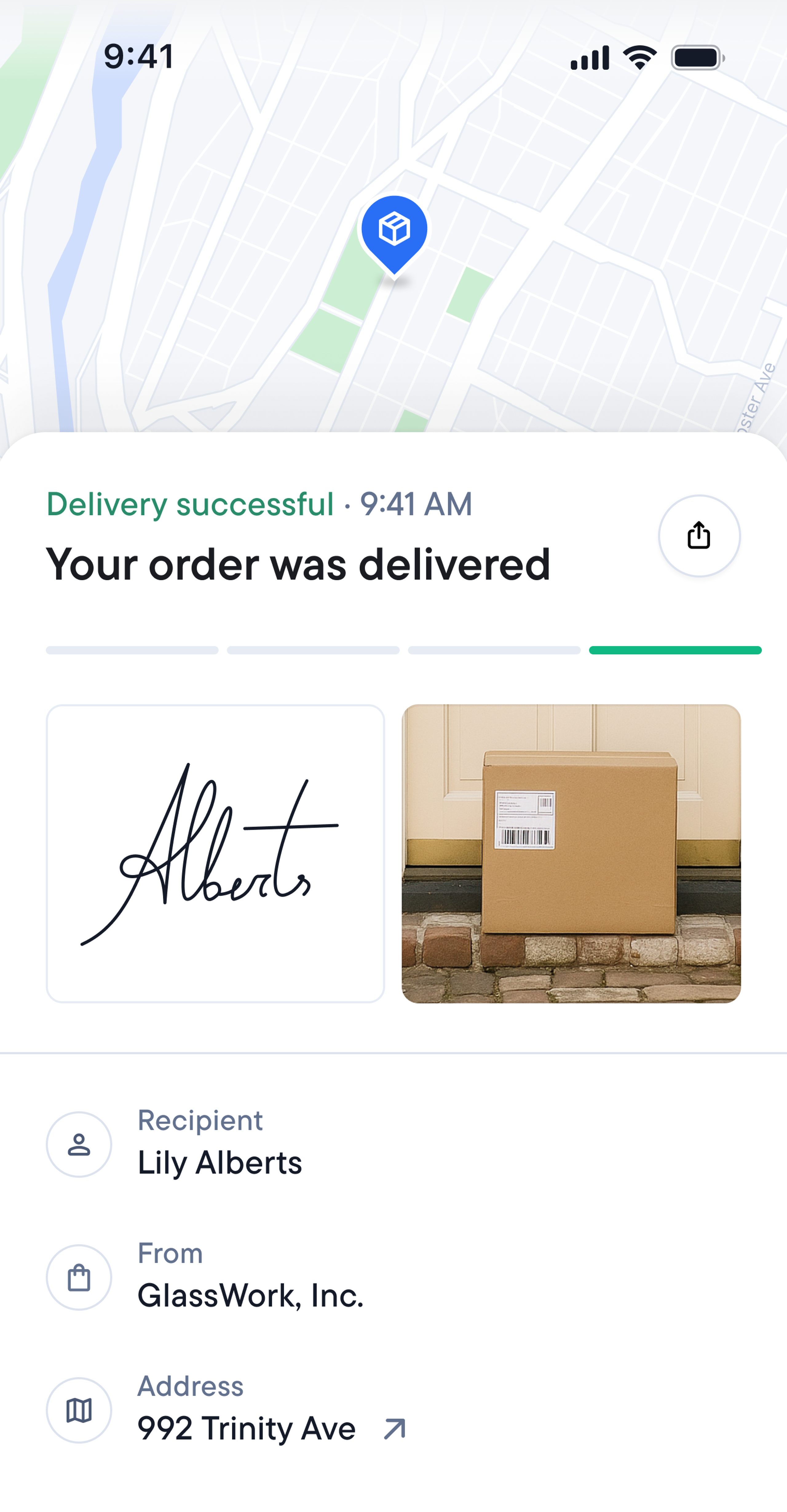 Delivery tracking page displaying an order delivery confirmation with a map, a signature, a photo of a package on a doorstep, and delivery details.