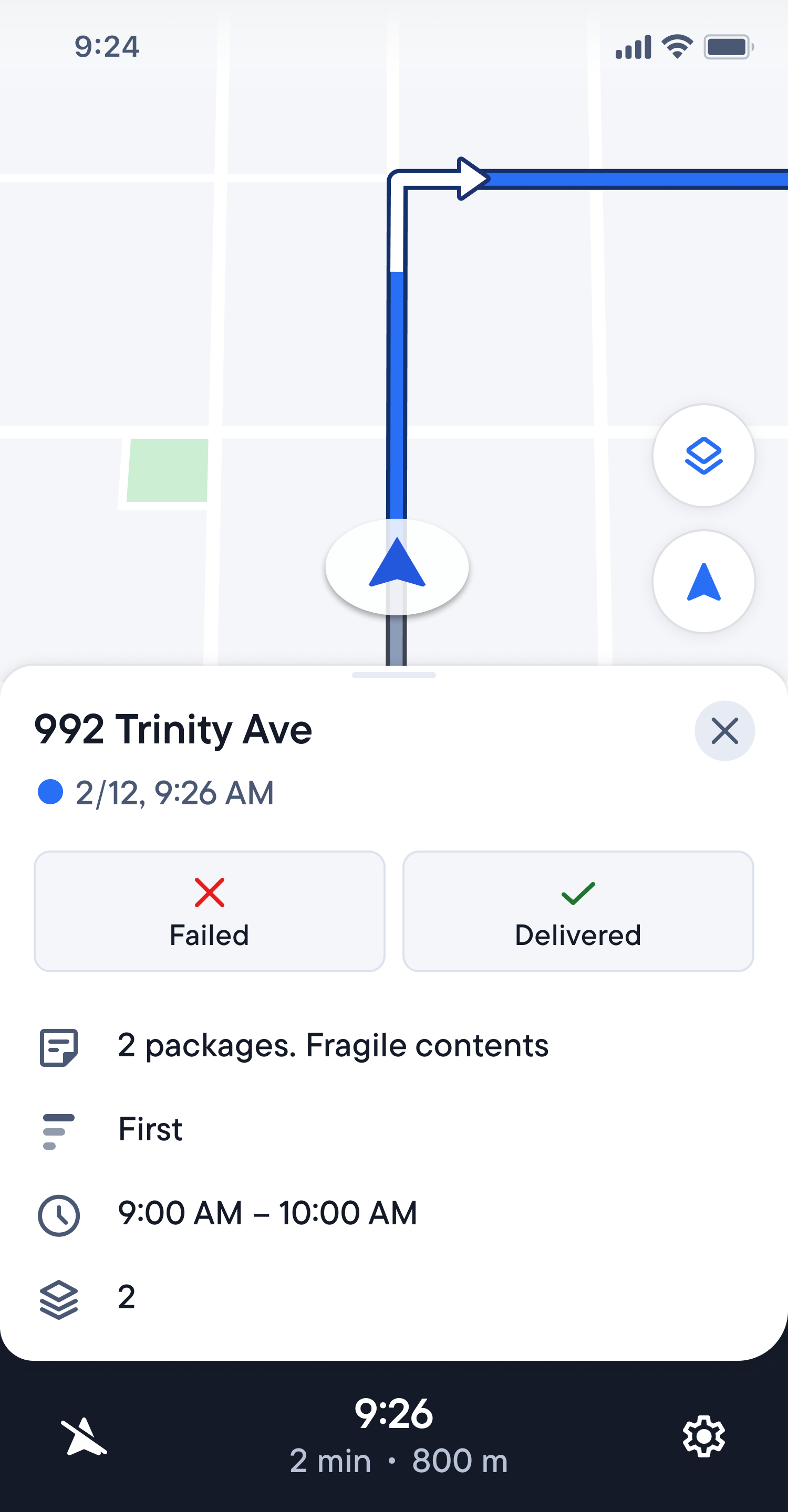 A mobile app displays a delivery route on a map, with a card showing details for 992 Trinity Ave, options to mark delivery as 'Failed' or 'Delivered', and notes about 2 fragile packages.