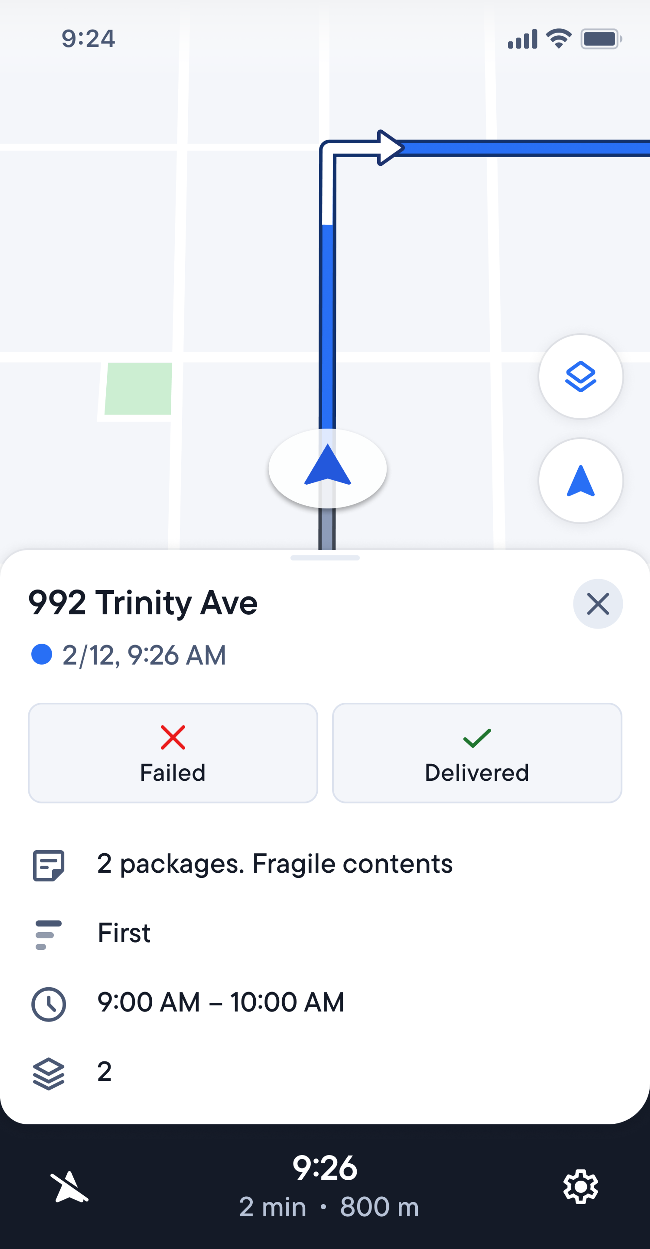 A mobile app displays a delivery route on a map, with a card showing details for 992 Trinity Ave, options to mark delivery as 'Failed' or 'Delivered', and notes about 2 fragile packages.