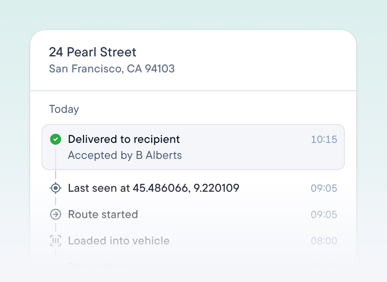 Stop timeline at 24 Pearl Street showing a delivery photo, the last GPS location, and when the route started