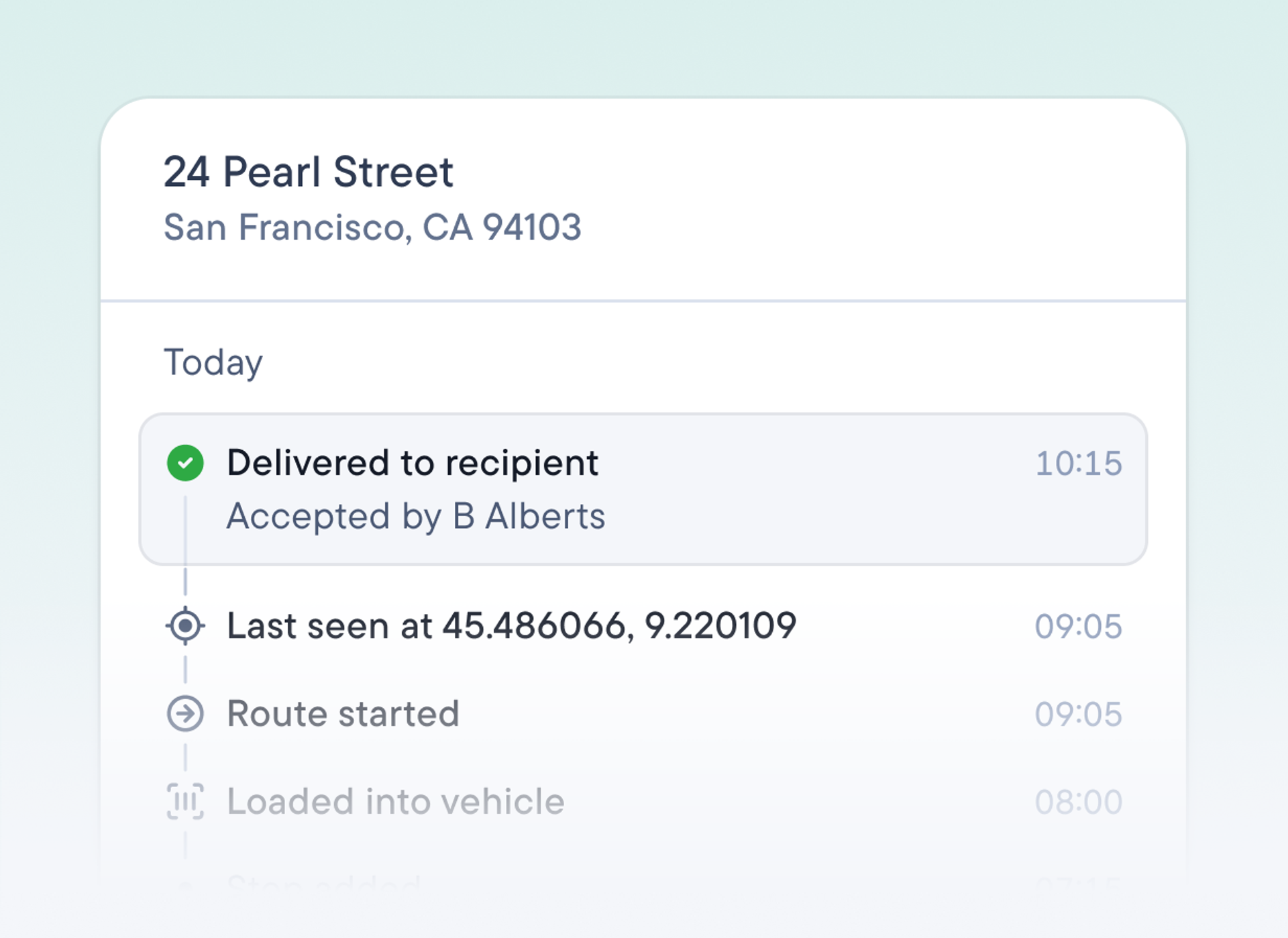Stop timeline at 24 Pearl Street showing a delivery photo, the last GPS location, and when the route started