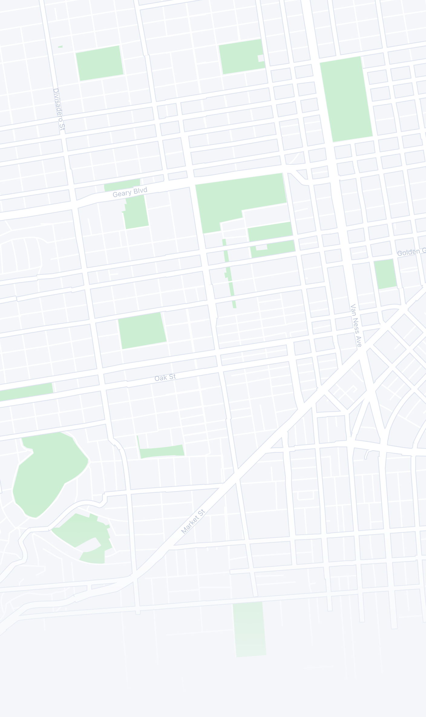 City map with streets, blocks, and green parks