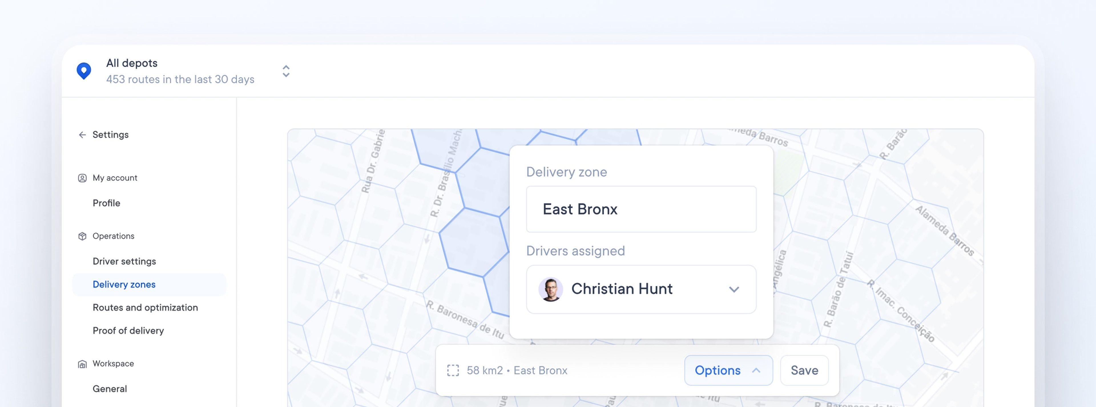 Spoke Dispatch screenshot showing map with delivery zone and assigned driver