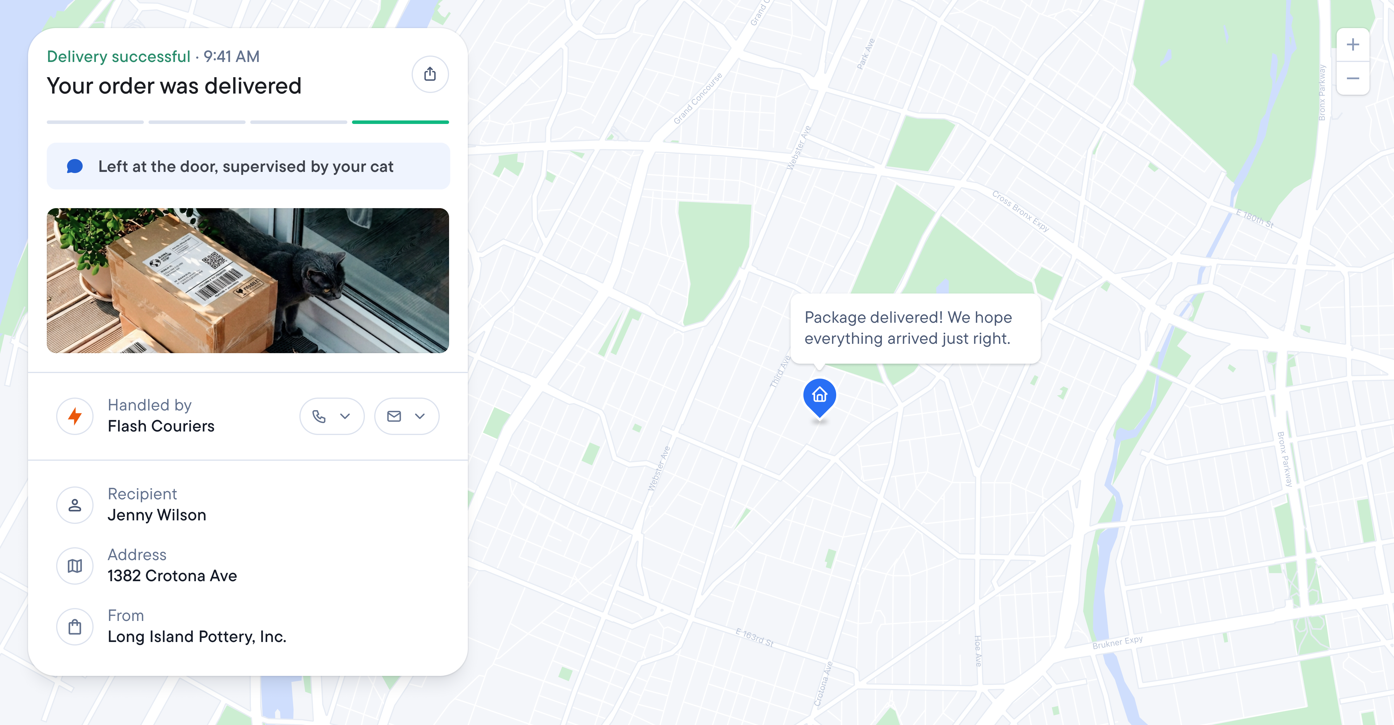 Package delivery tracking interface showing a delivered order with a photo of a box and a cat, alongside a map.