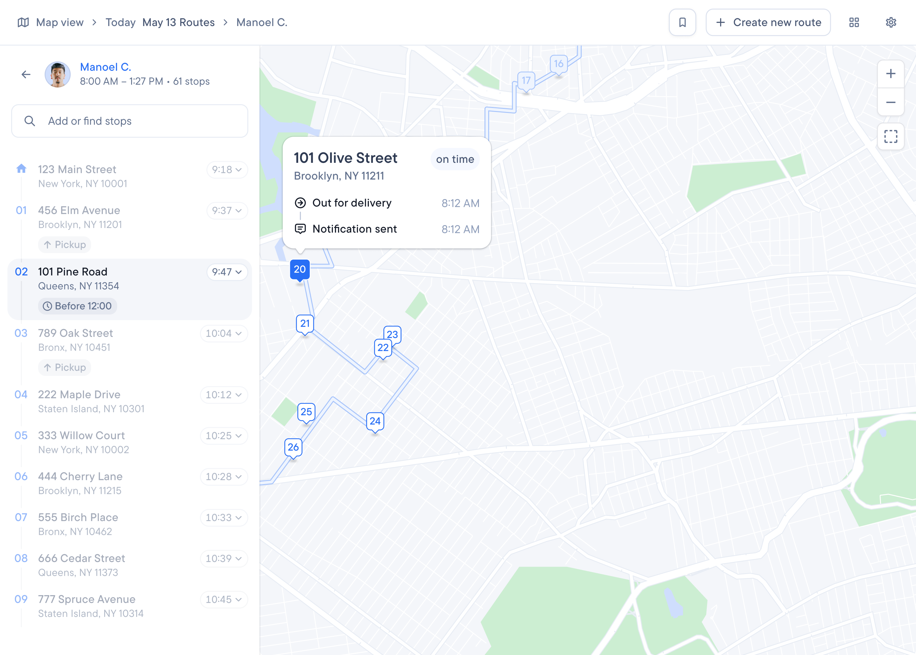 Dispatch with a list of stops and times on the left, and a map on the right showing the plotted route with highlighted stop details.
