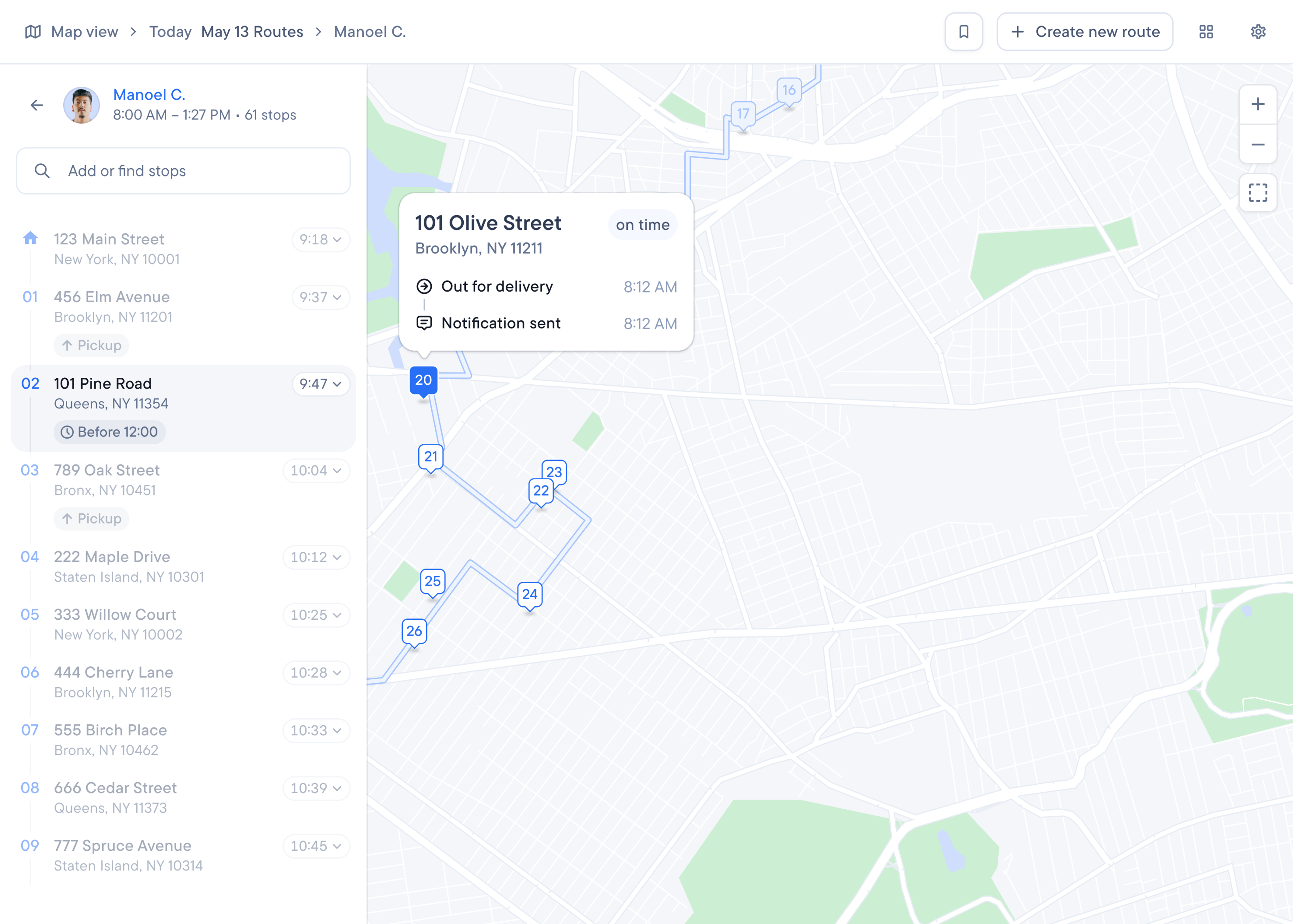 Dispatch with a list of stops and times on the left, and a map on the right showing the plotted route with highlighted stop details.