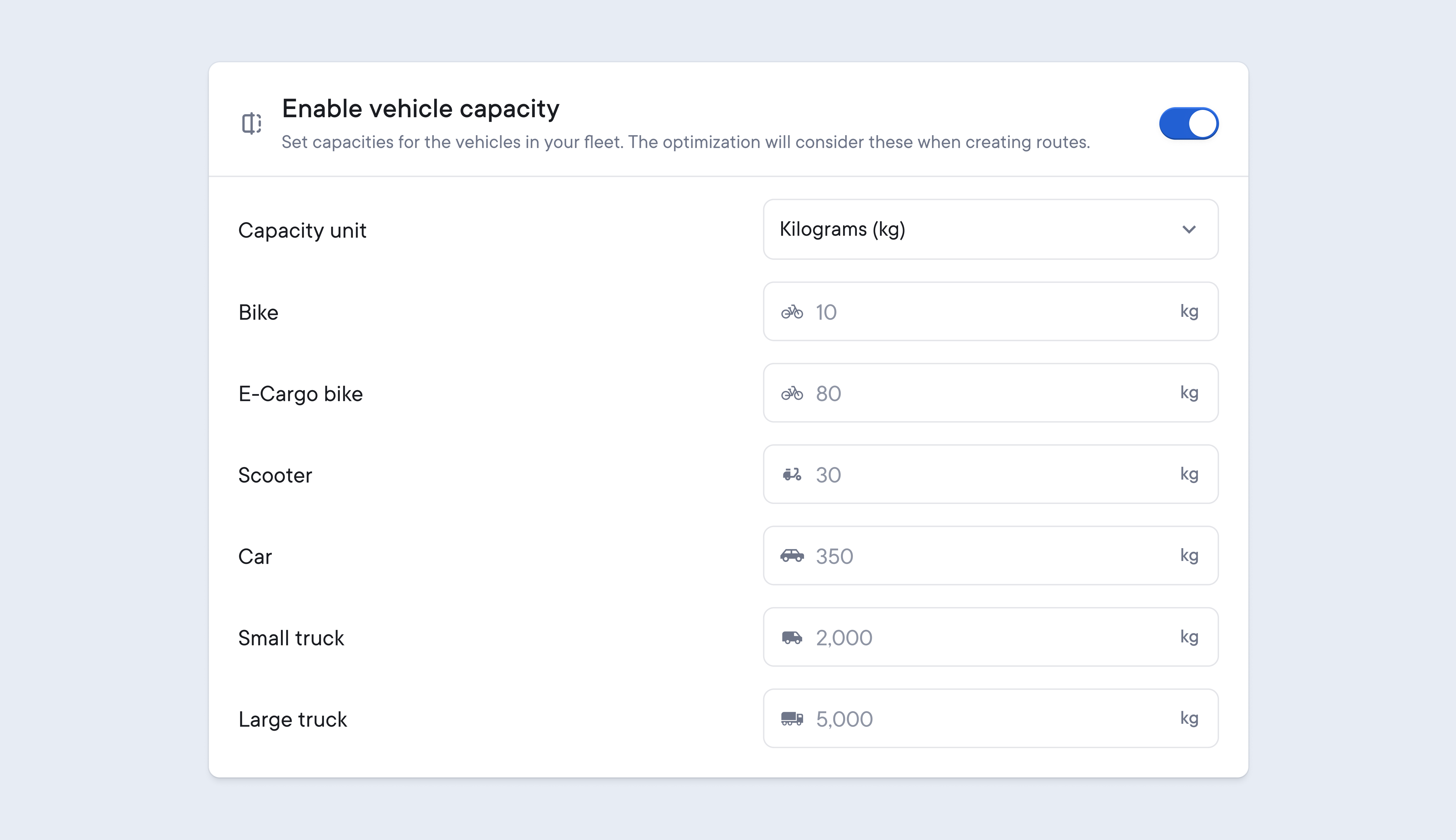 User interface showing vehicle capacity settings, with a list of vehicle types and their maximum loads in kilograms. The feature is enabled.