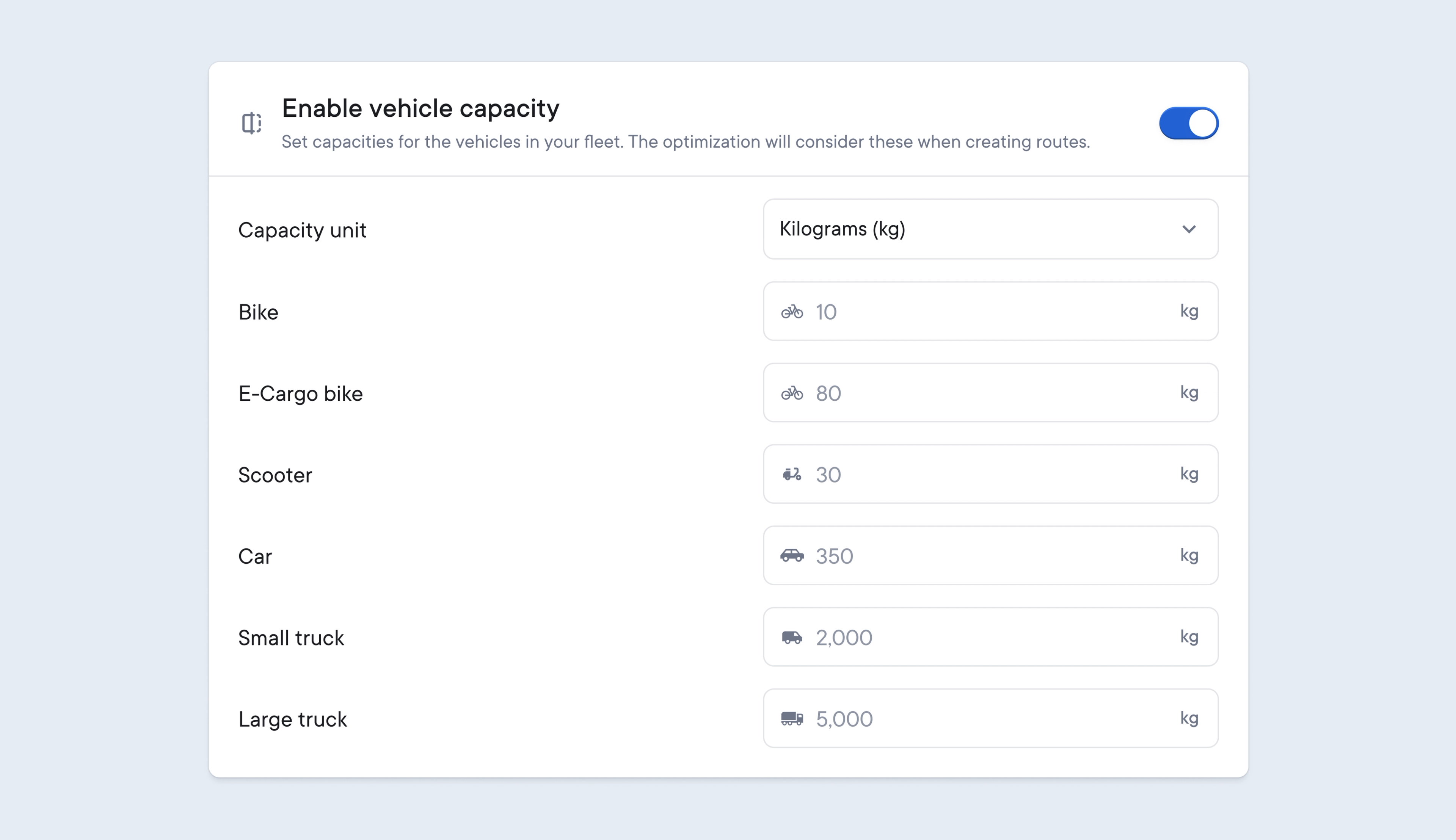 User interface showing vehicle capacity settings, with a list of vehicle types and their maximum loads in kilograms. The feature is enabled.