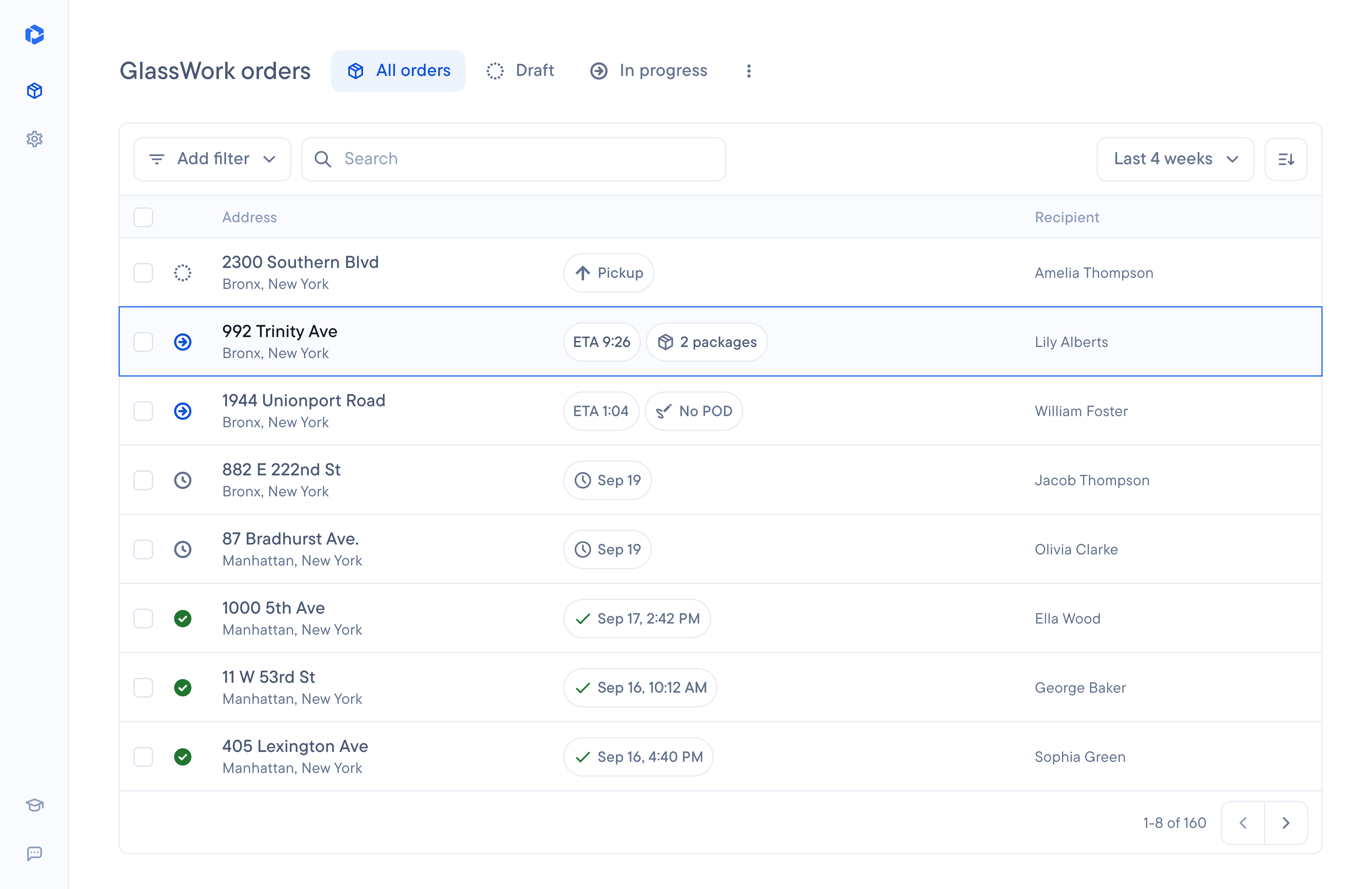 Order management dashboard, displaying a list of orders with addresses, recipients, and delivery status details.