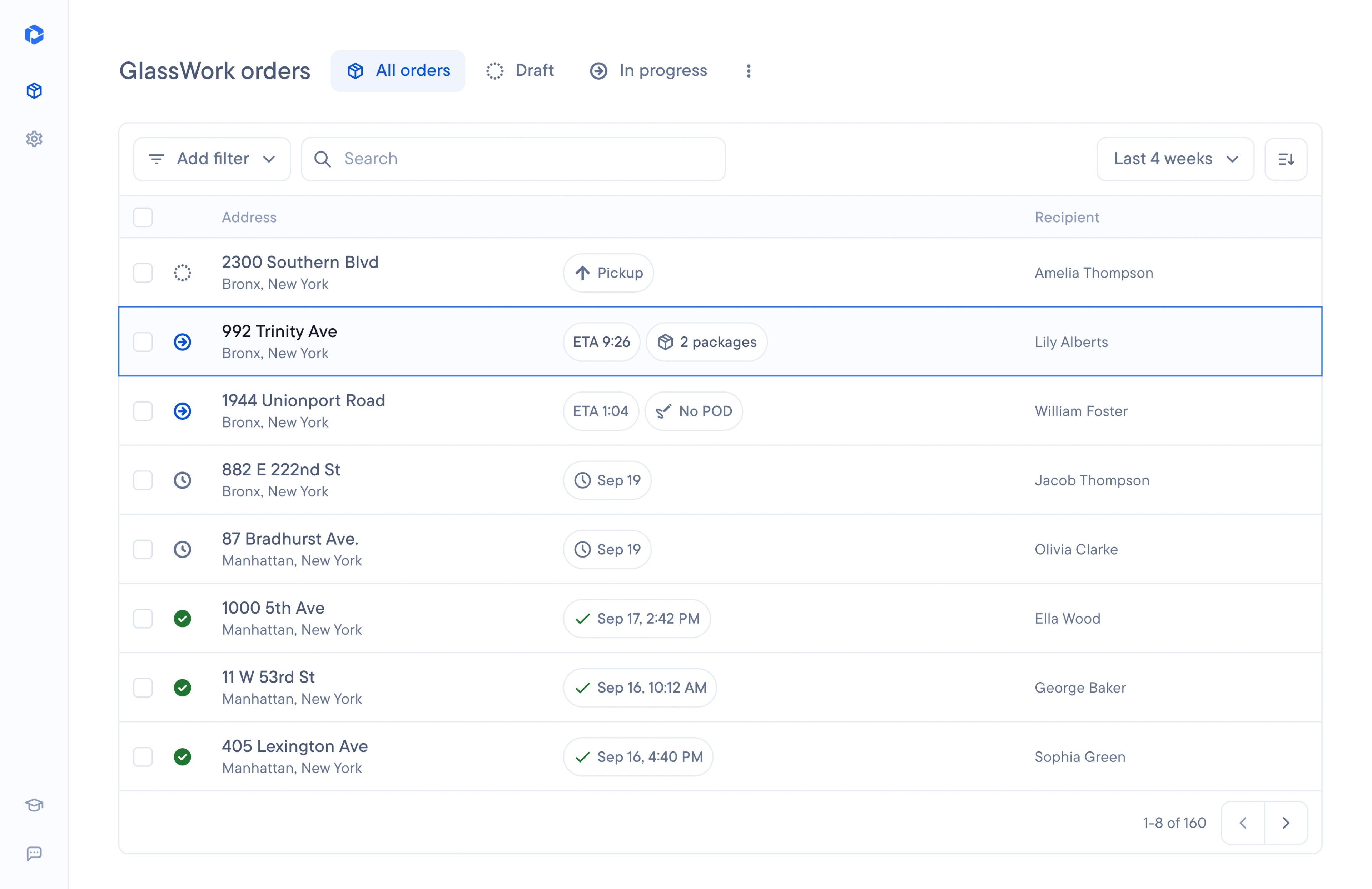 Order management dashboard, displaying a list of orders with addresses, recipients, and delivery status details.