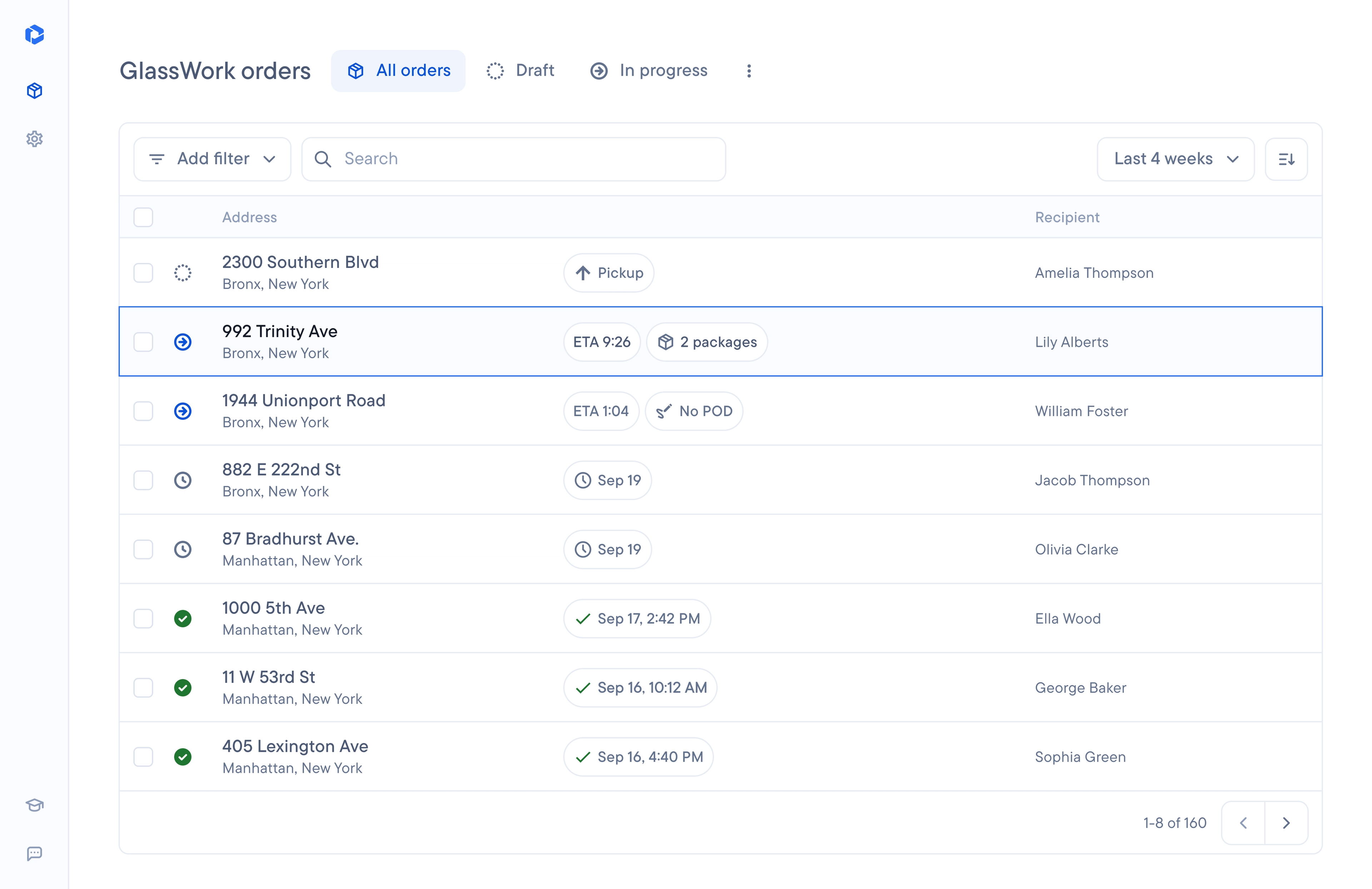 Order management dashboard, displaying a list of orders with addresses, recipients, and delivery status details.
