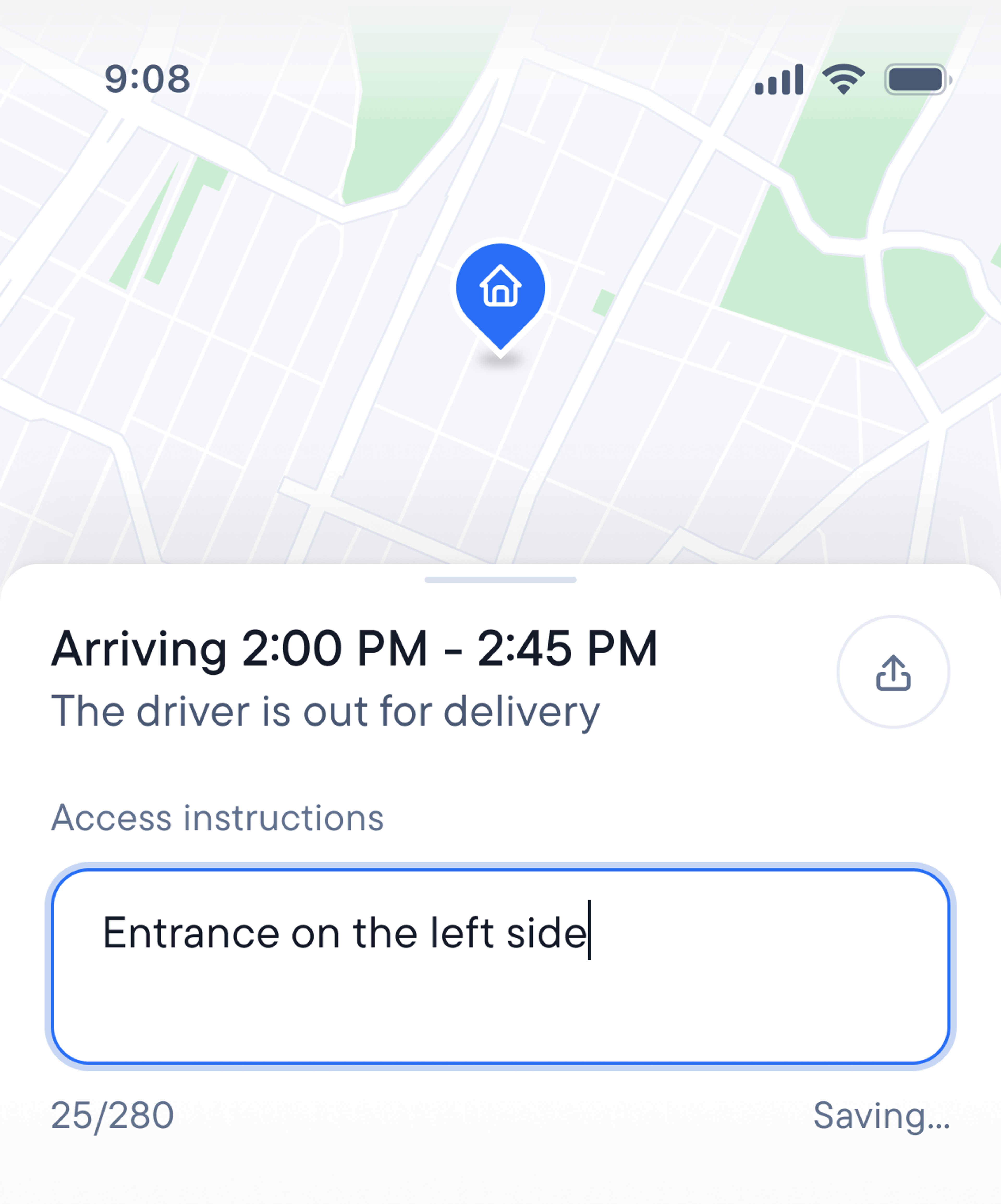 Mobile app showing a delivery tracker with a map, estimated arrival time, and entered access instructions "Entrance on the left side".