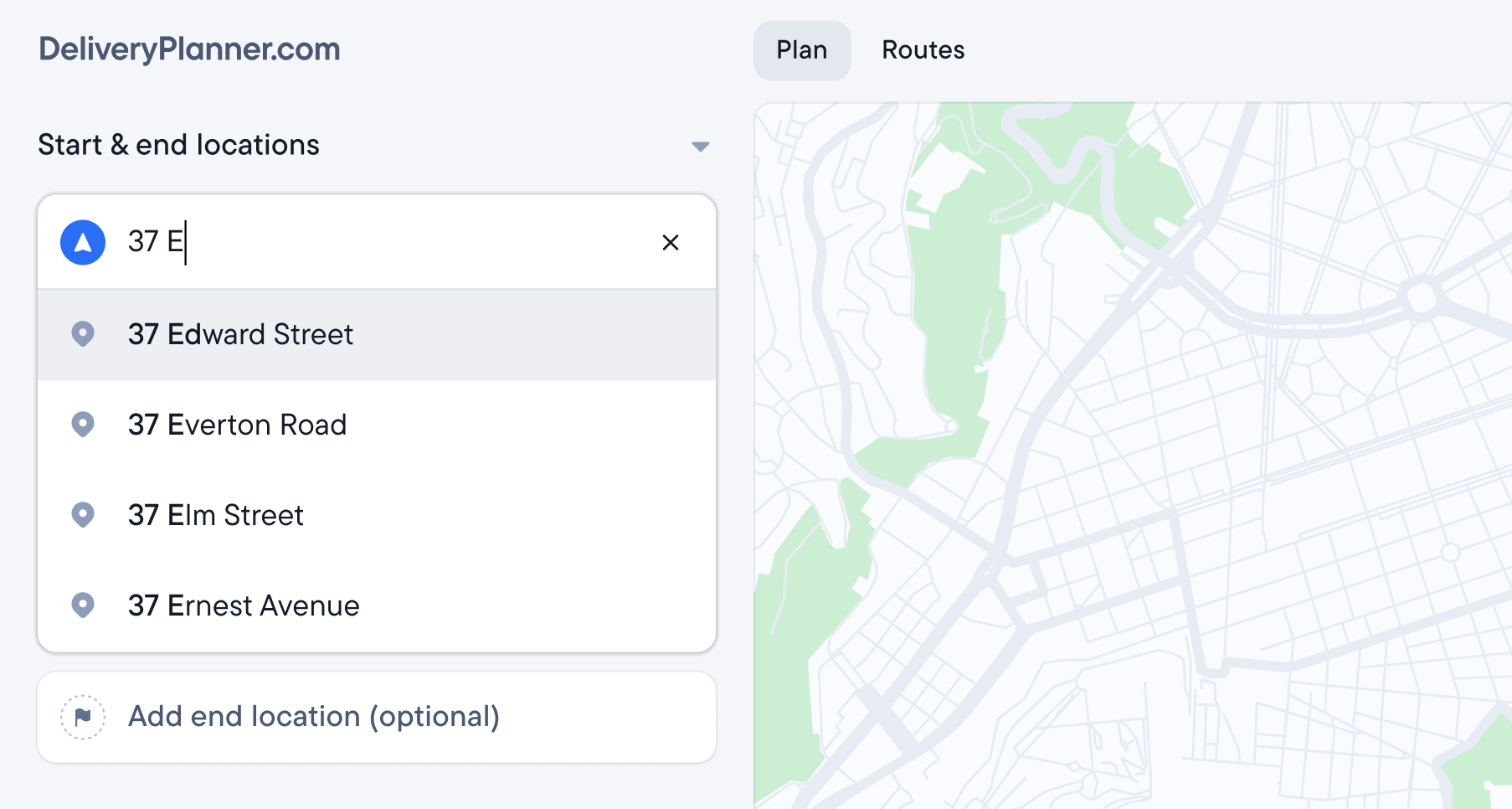 DeliveryPlanner.com interface showing an address input in the 'Start & end locations' section with '37 E' typed, displaying suggestions like '37 Edward Street', next to a map.