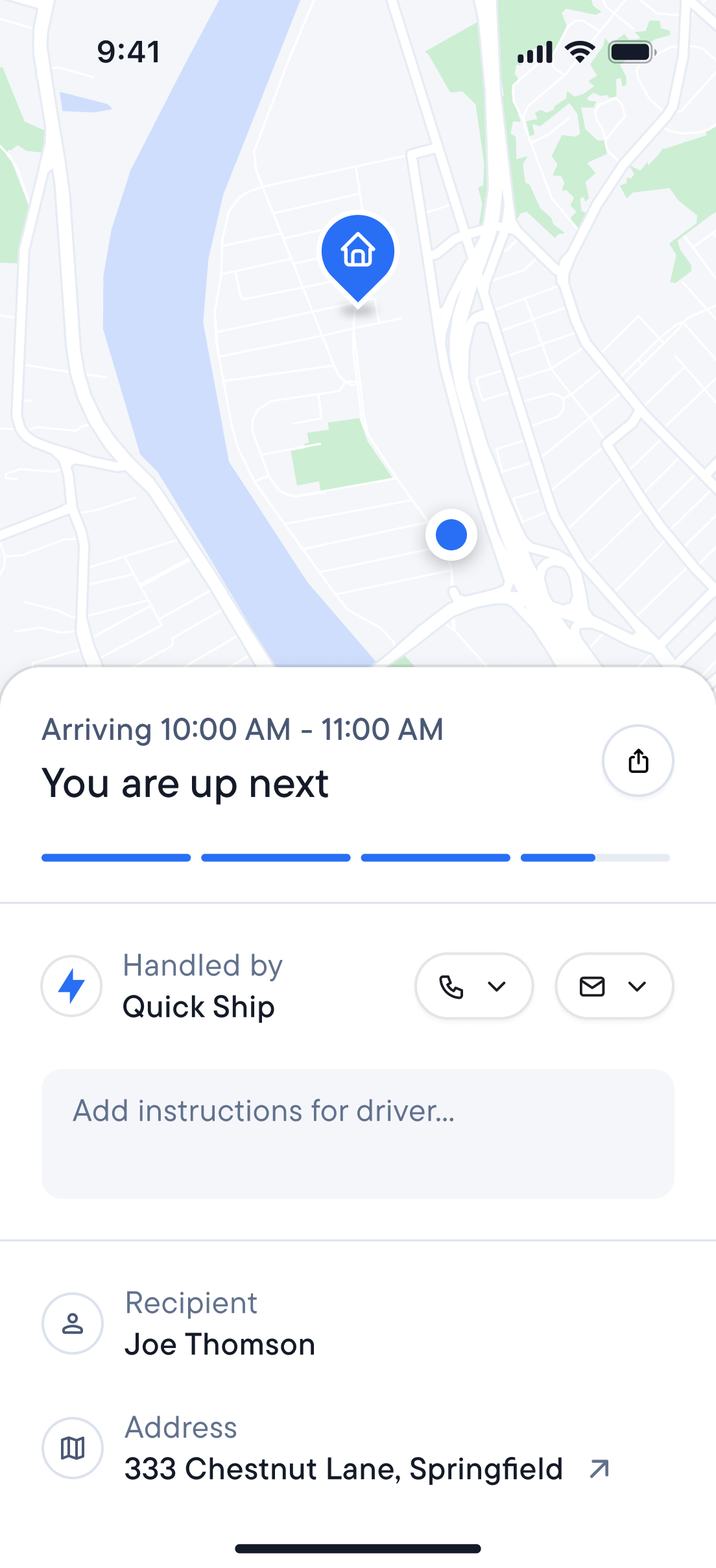 Package tracking screen showing a map with a destination, estimated arrival time, and recipient details.