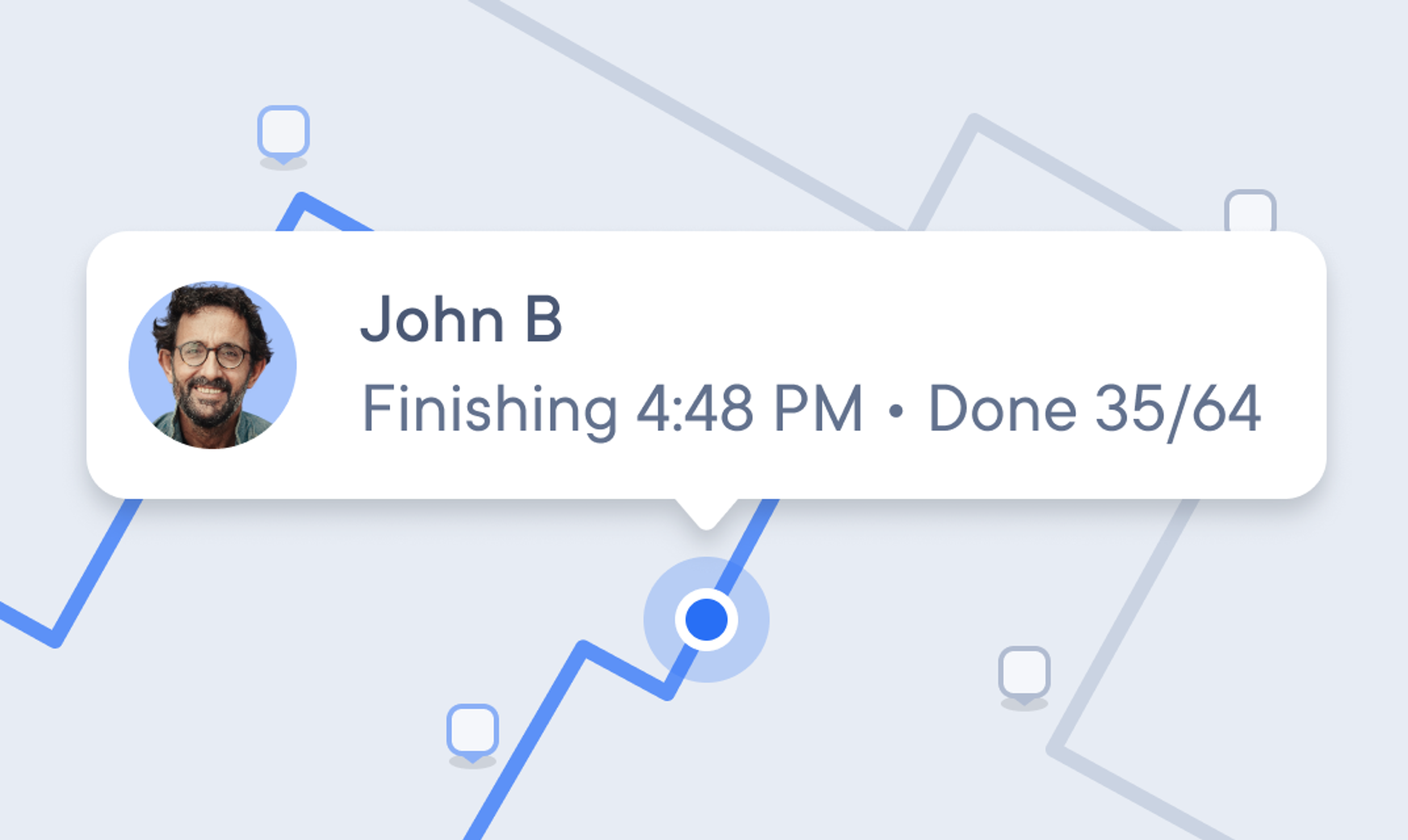 AltDelivery driver John B is highlighted on the blue route, showing progress of 35 out of 64 stops completed and estimated finish time of 4:48 PM.