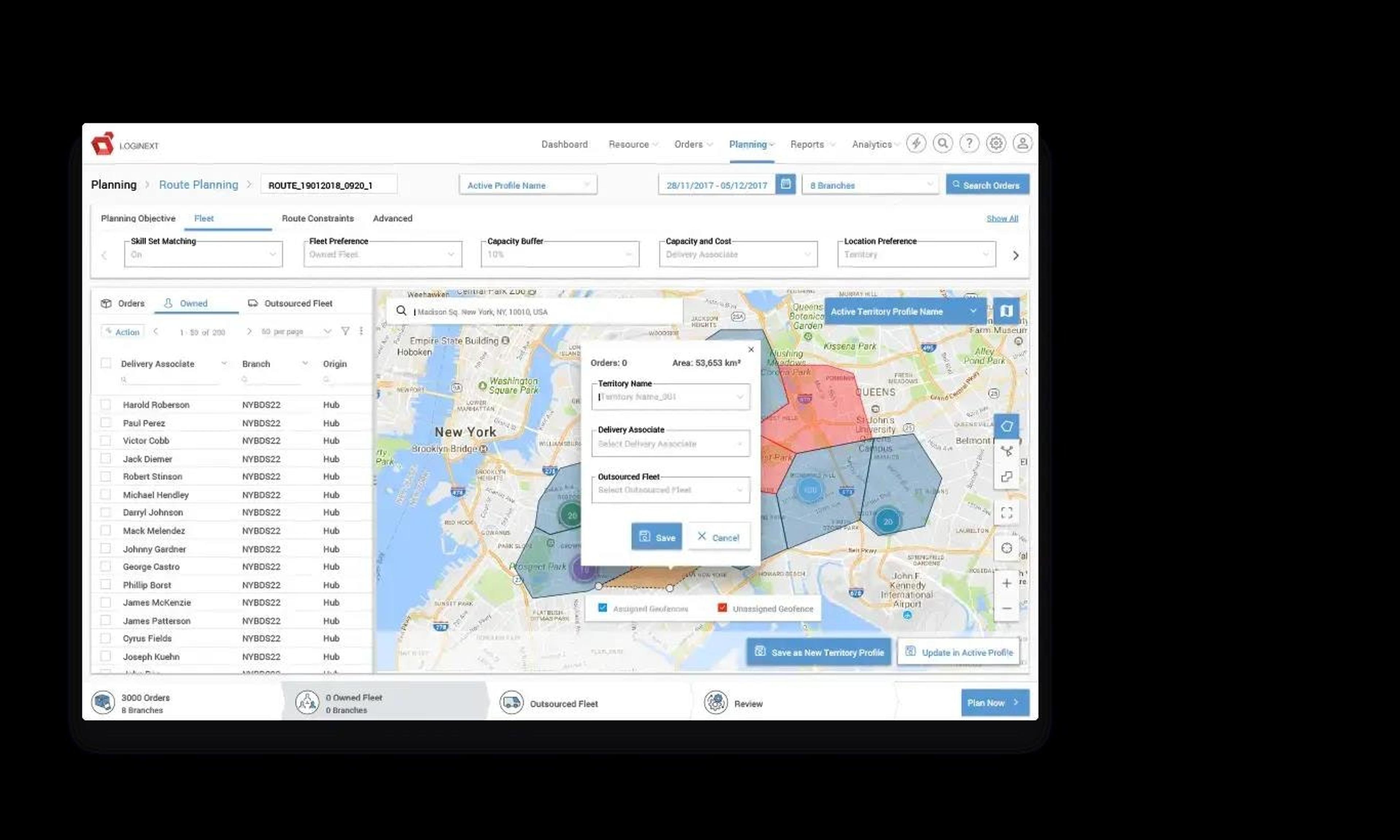 LogiNext Mile dashboard showing route planning and territory mapping