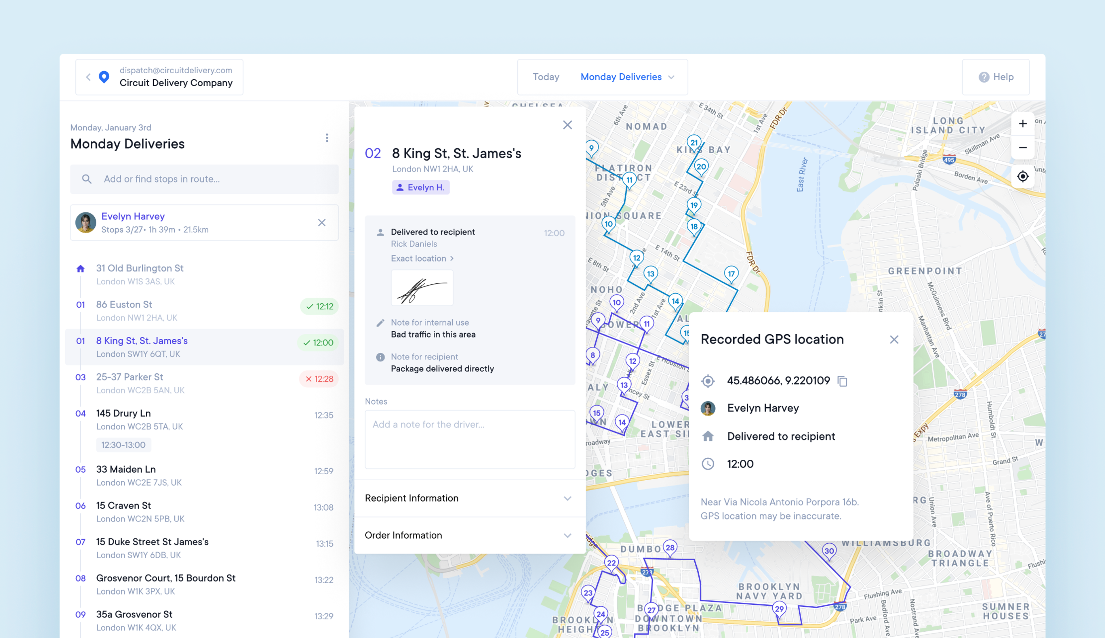 View a driver’s location when a delivery is made