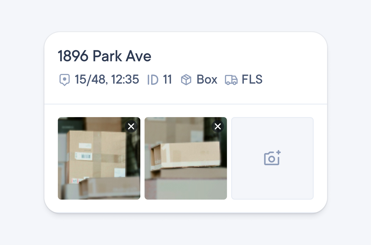 Stop card for 1896 Park Ave with the stop ID and two package photos