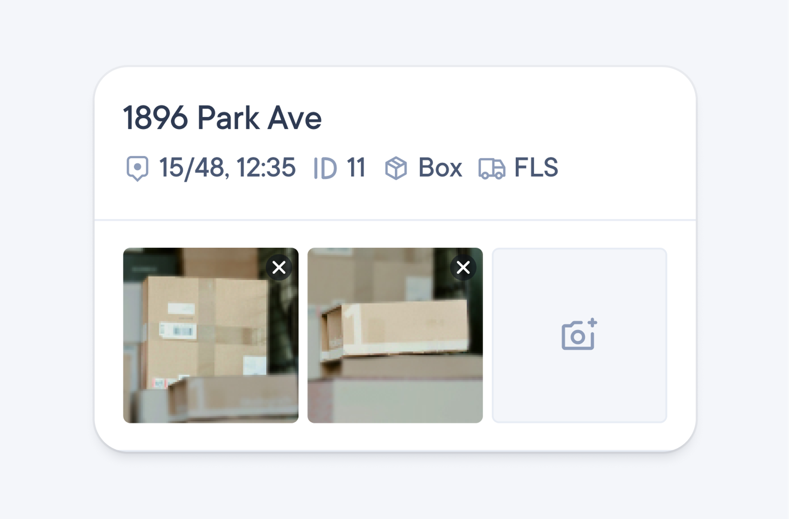 Stop card for 1896 Park Ave with the stop ID and two package photos