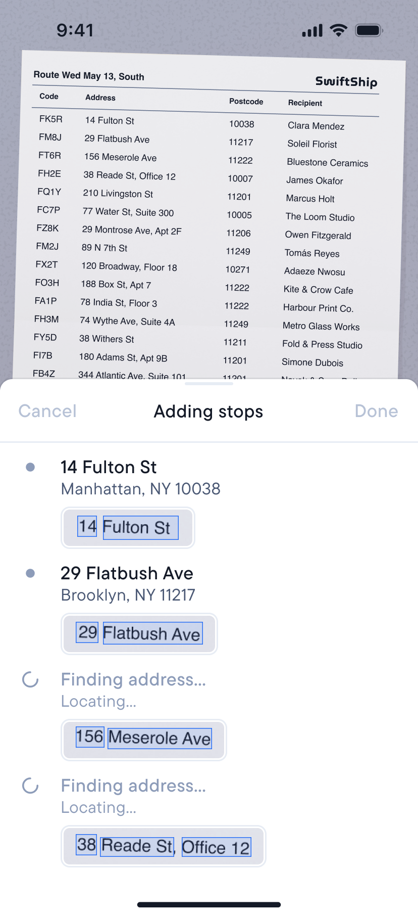Spoke Route Planner showing a route table and an "Adding stops" overlay with addresses like "14 Fulton St" and "29 Flatbush Ave" where address components are outlined for selection.