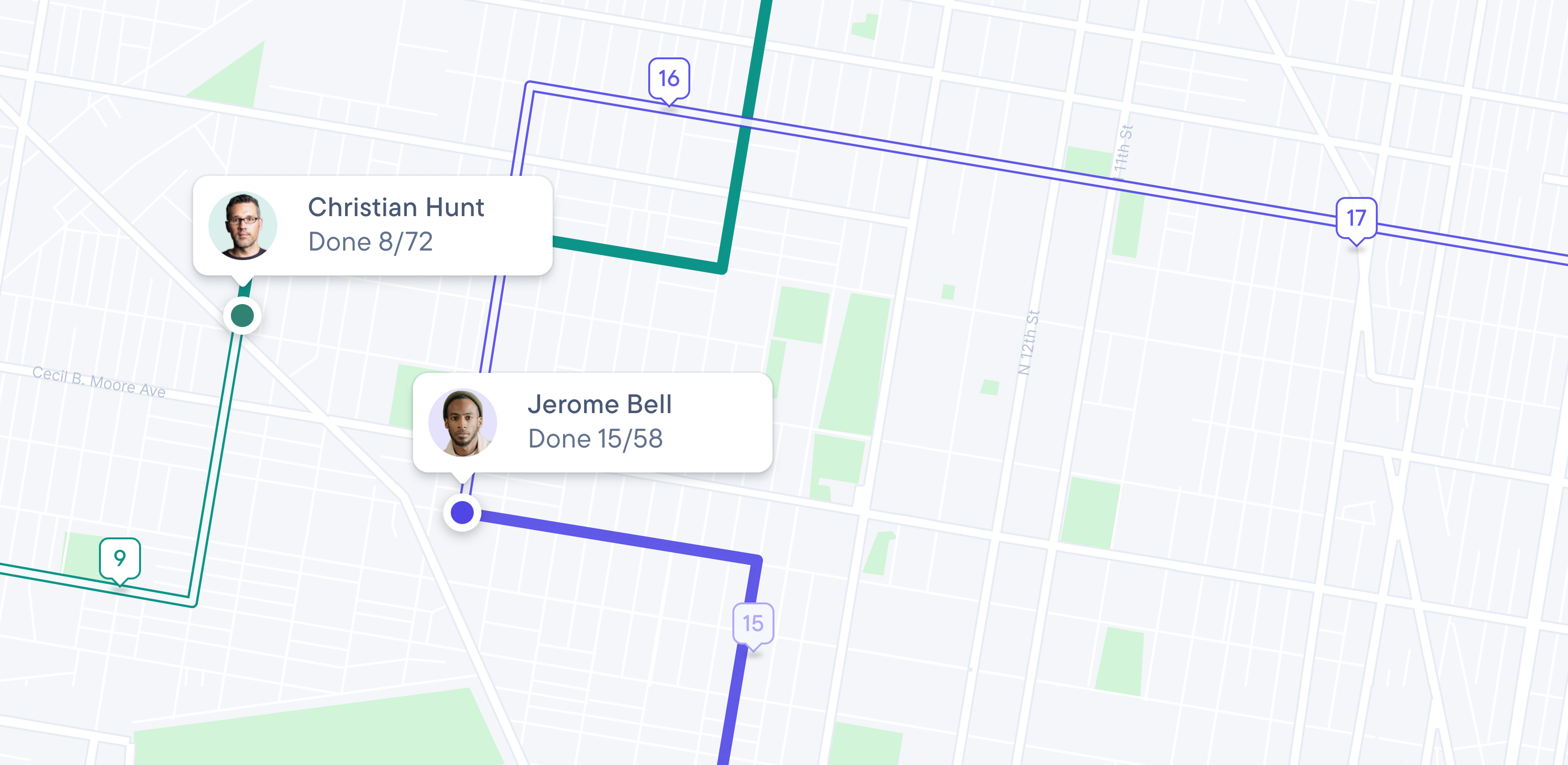 Map interface displaying two colored routes with live progress trackers for drivers.