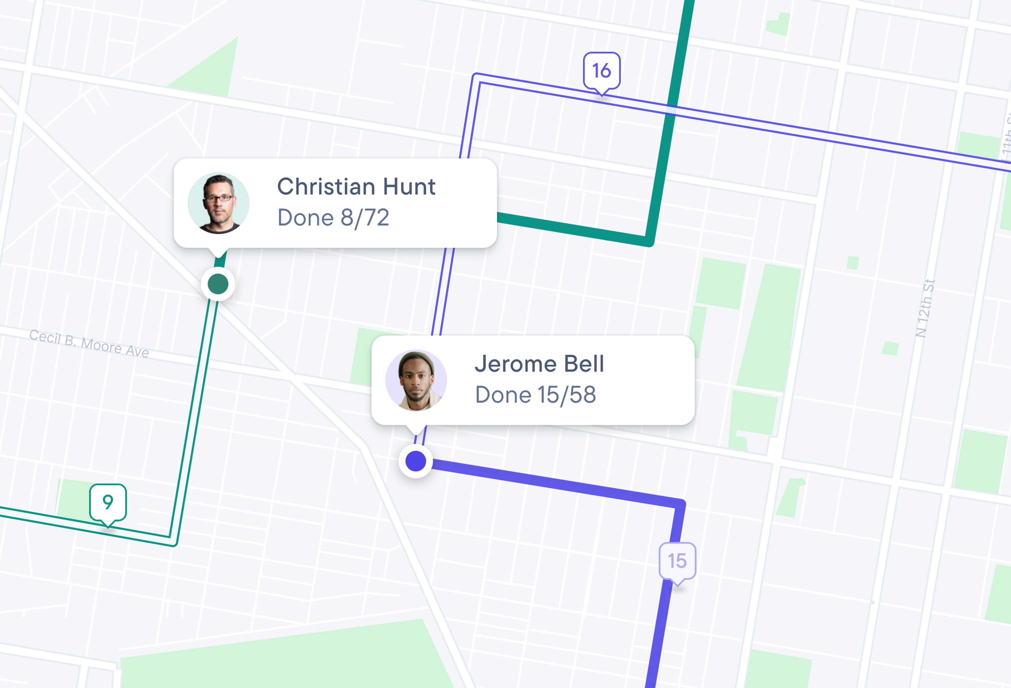 Map interface displaying two colored routes with live progress trackers for drivers.