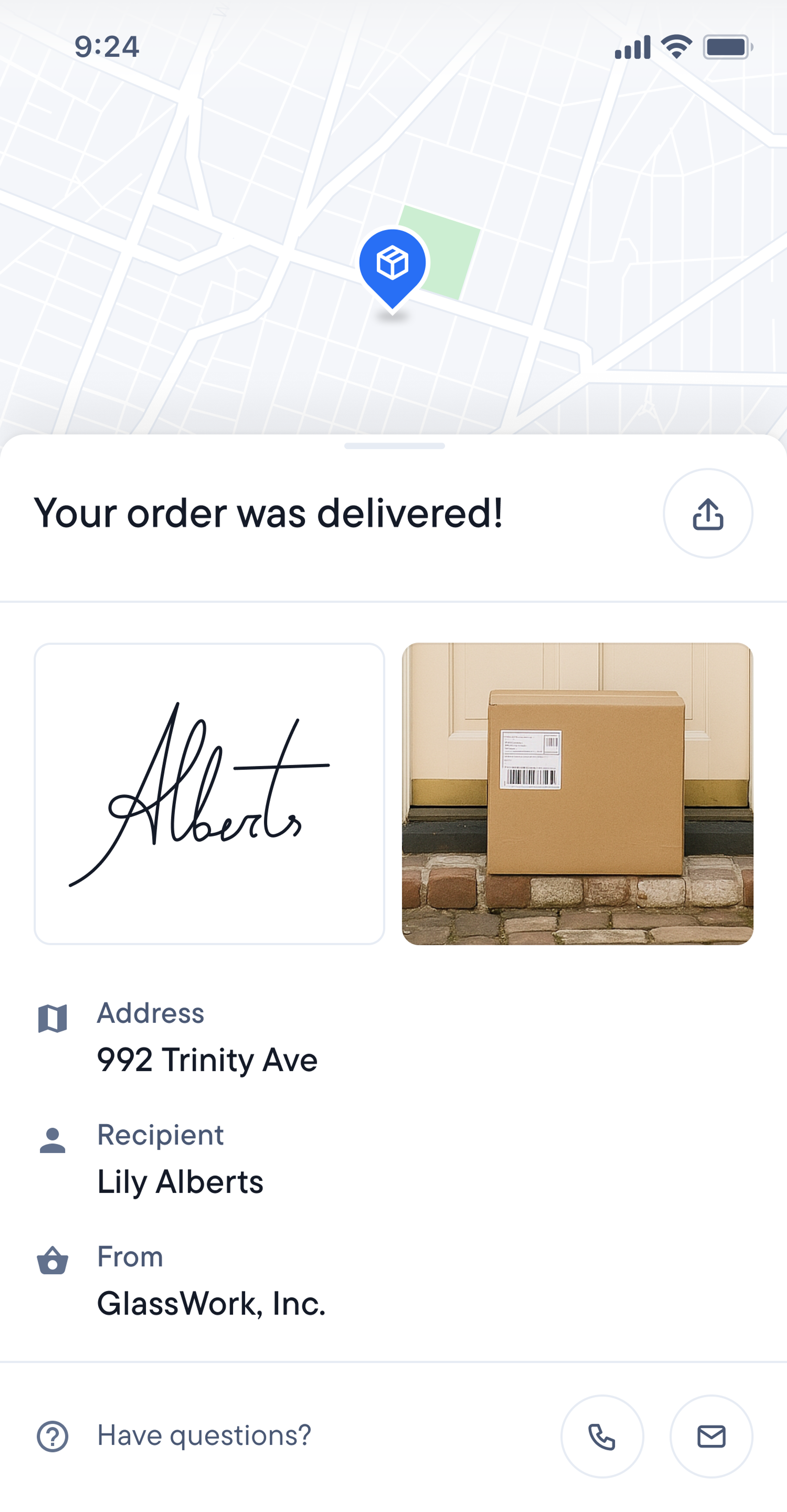 Mobile app displaying an order delivery confirmation with a map, a signature, a photo of a package on a doorstep, and delivery details.
