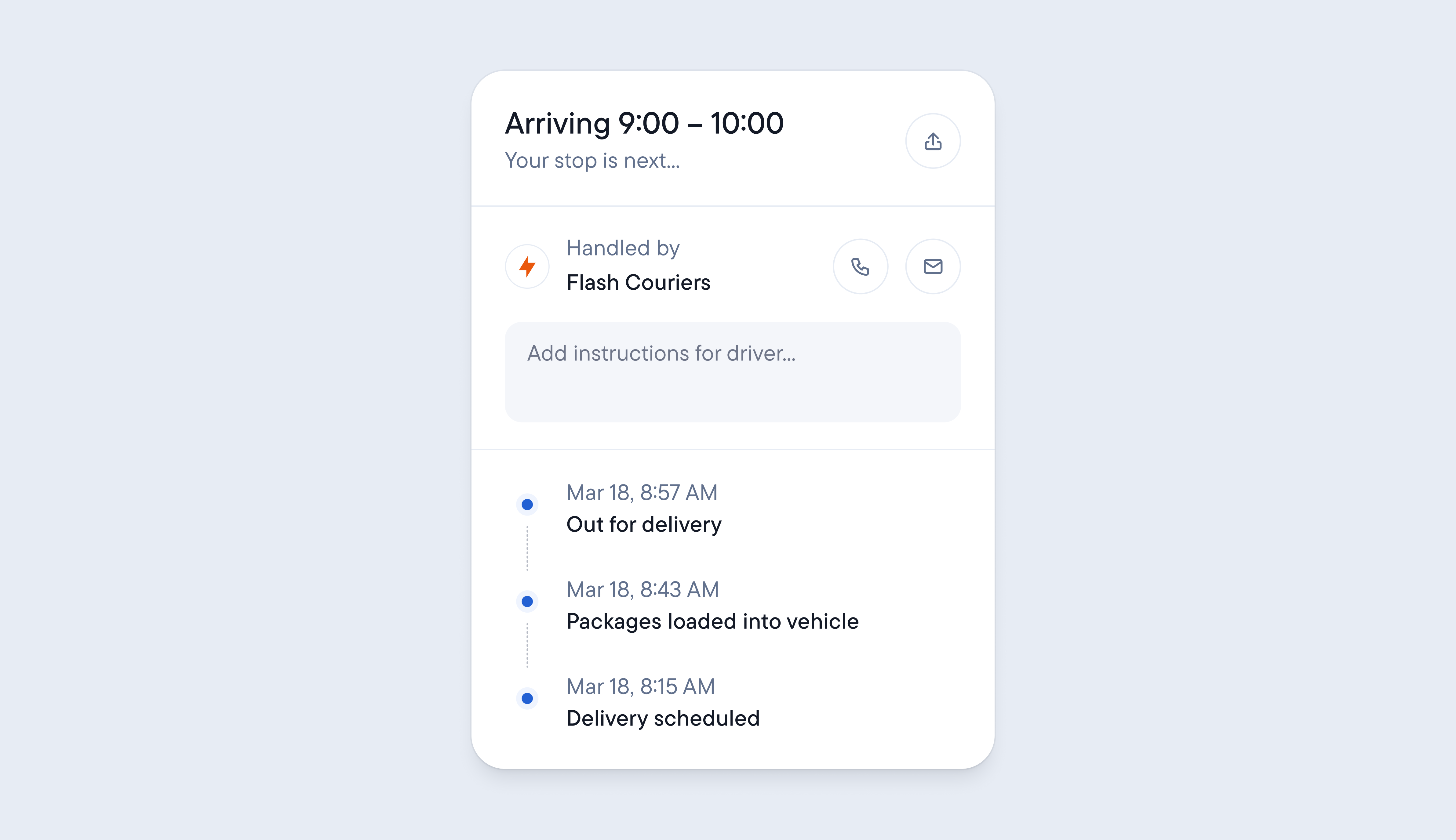 Delivery tracking app interface showing an estimated arrival time of 9:00-10:00, courier details, and a timeline of status updates.