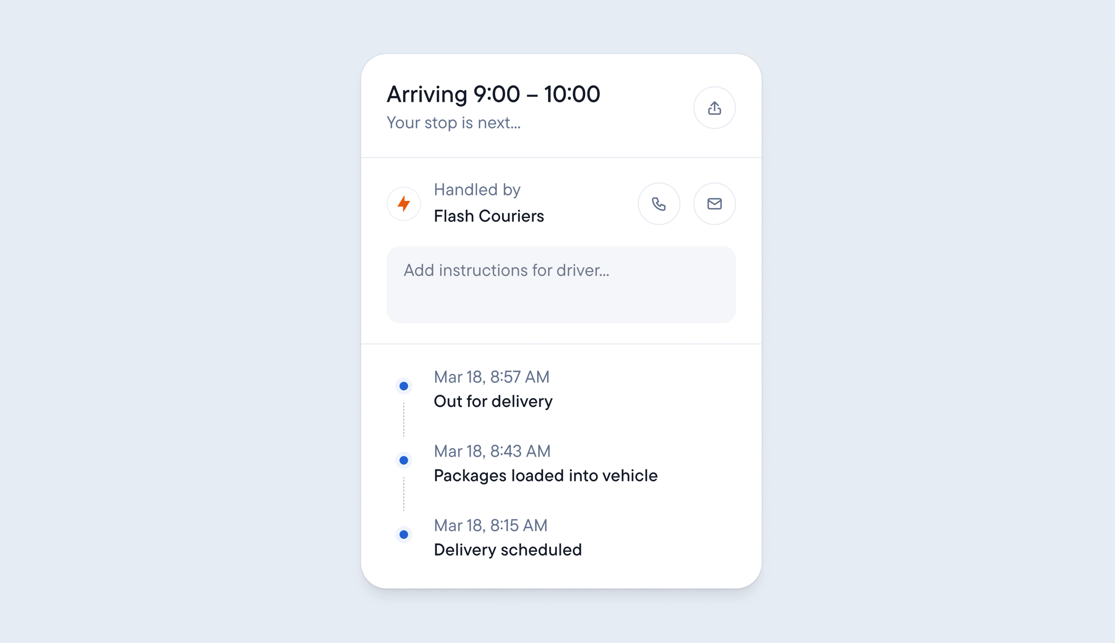 Delivery tracking app interface showing an estimated arrival time of 9:00-10:00, courier details, and a timeline of status updates.