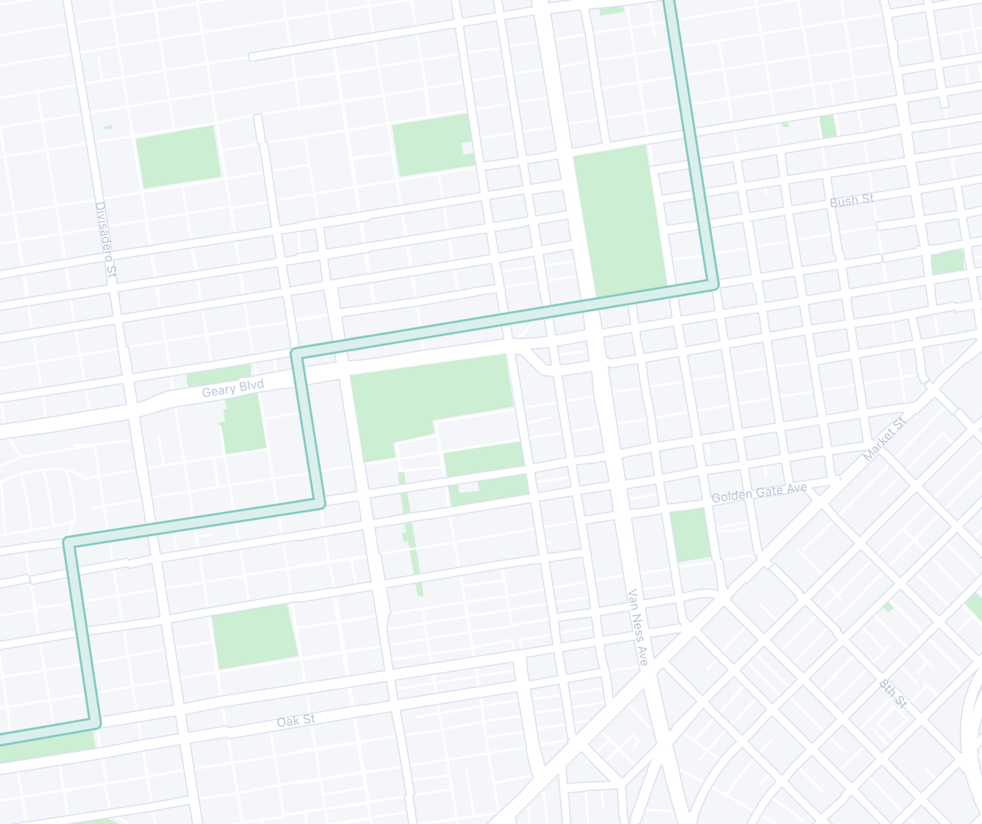 Map of a city showing streets, parks, and a prominent teal route.