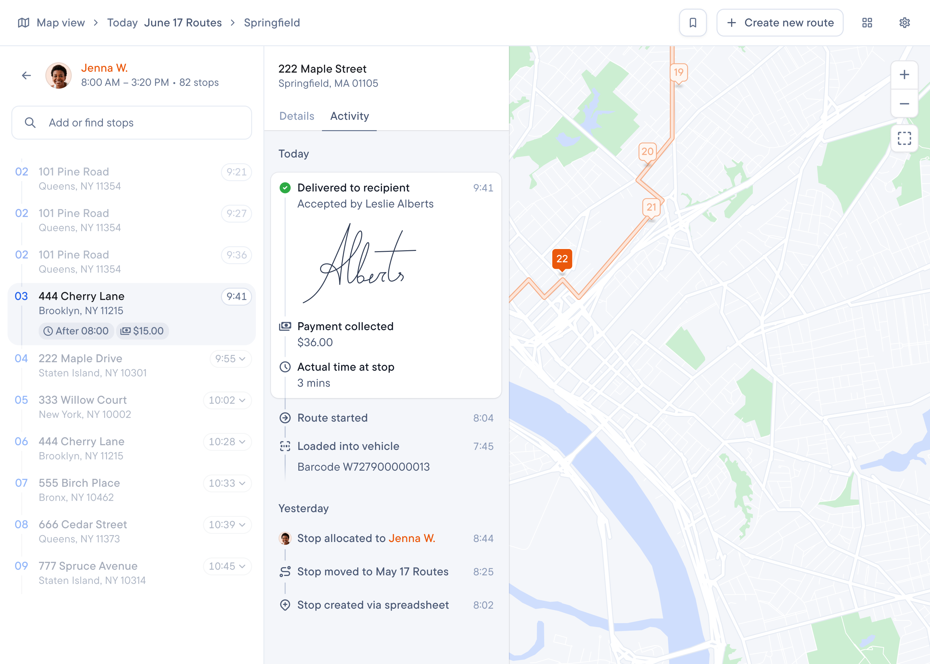 Dispatch showing a list of route stops, a detailed delivery record with recipient signature and payment collected, and a map.
