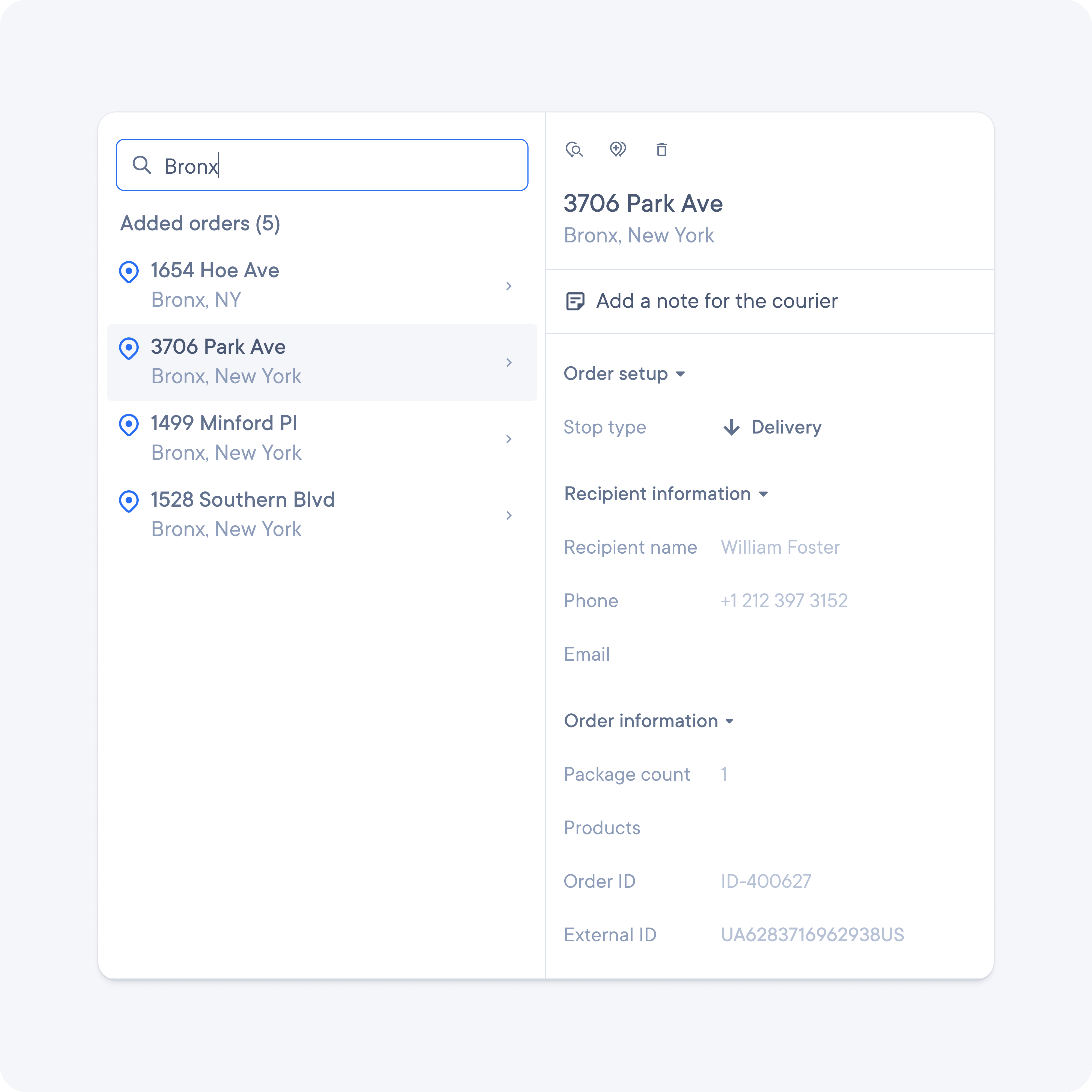 Order management portal showing details for 3706 Park Ave, Bronx, NY. Includes recipient info, order ID, package count, and delivery setup.