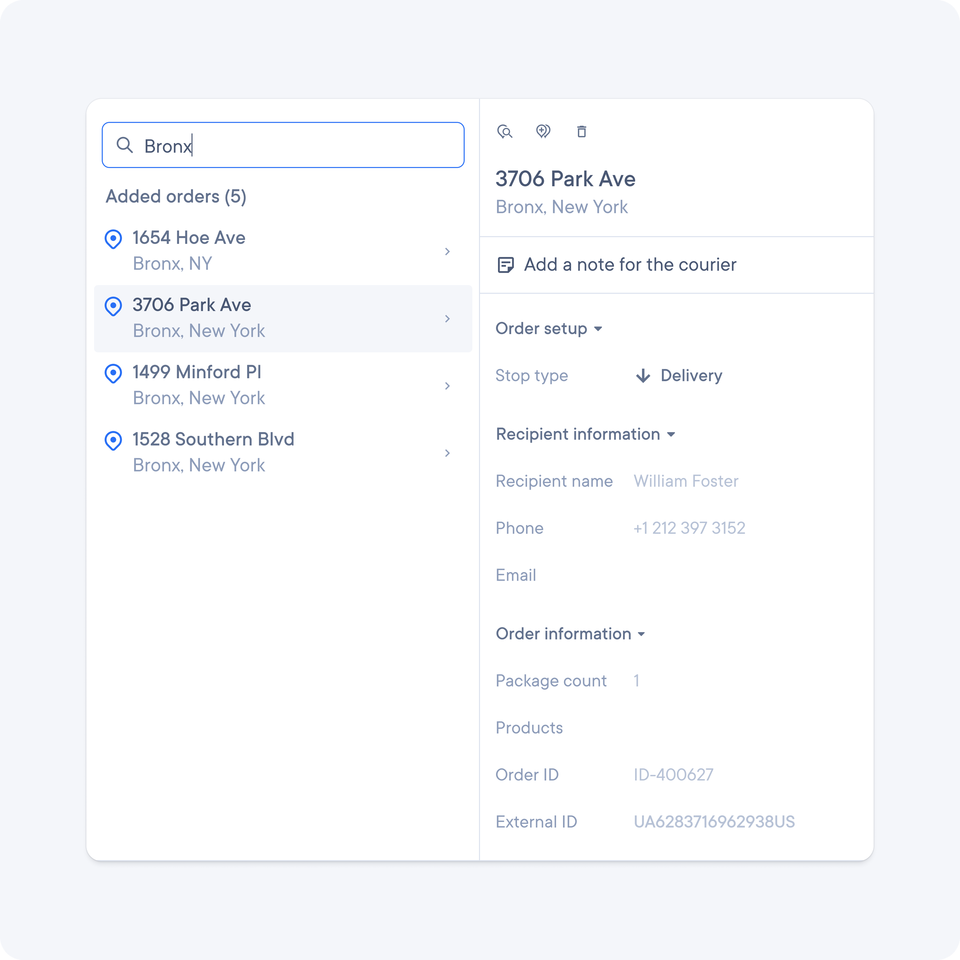 Order management portal showing details for 3706 Park Ave, Bronx, NY. Includes recipient info, order ID, package count, and delivery setup.