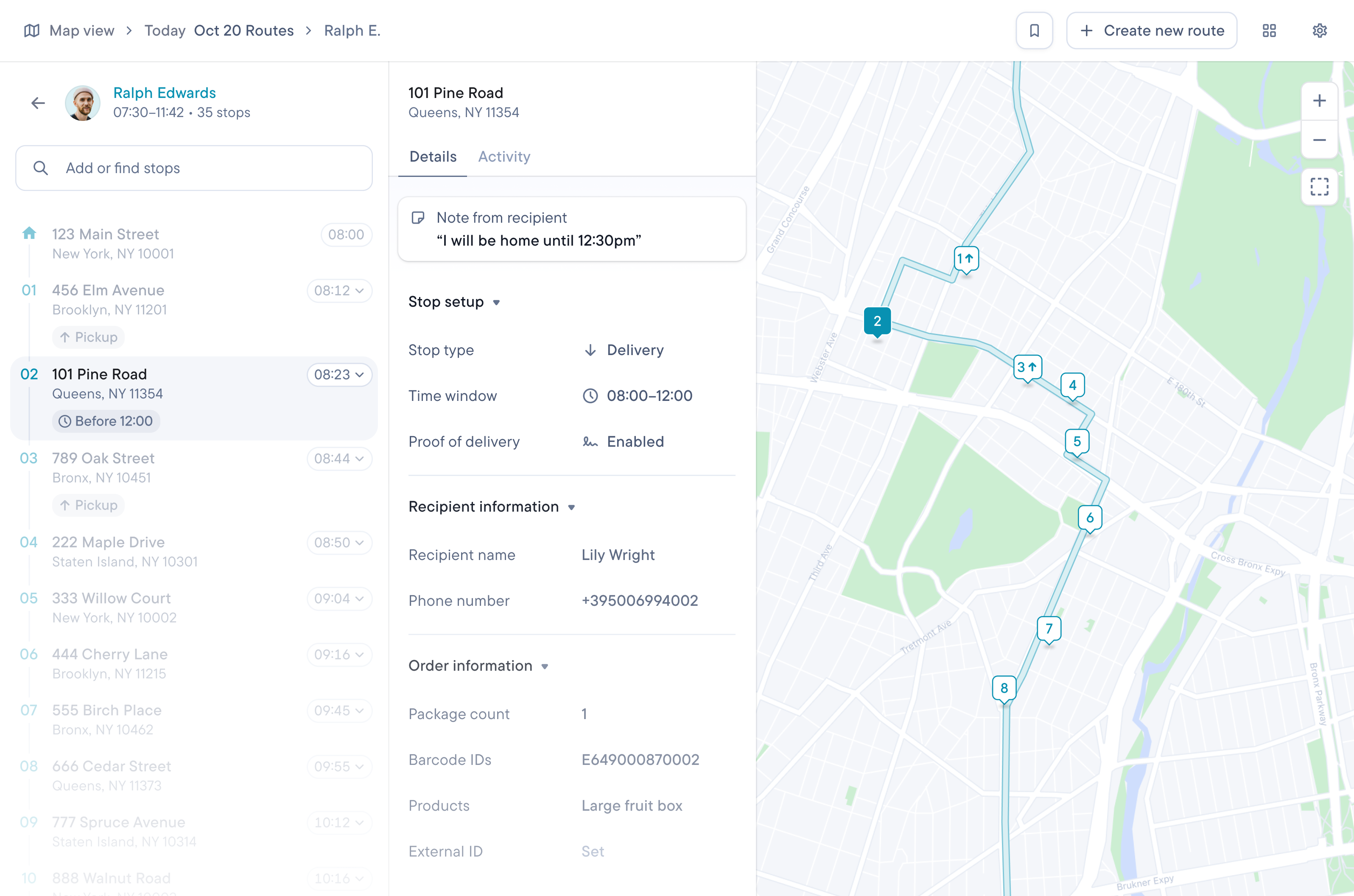 Dispatch showing a list of stops, details for 101 Pine Road including delivery time and recipient note, and a map with the route.