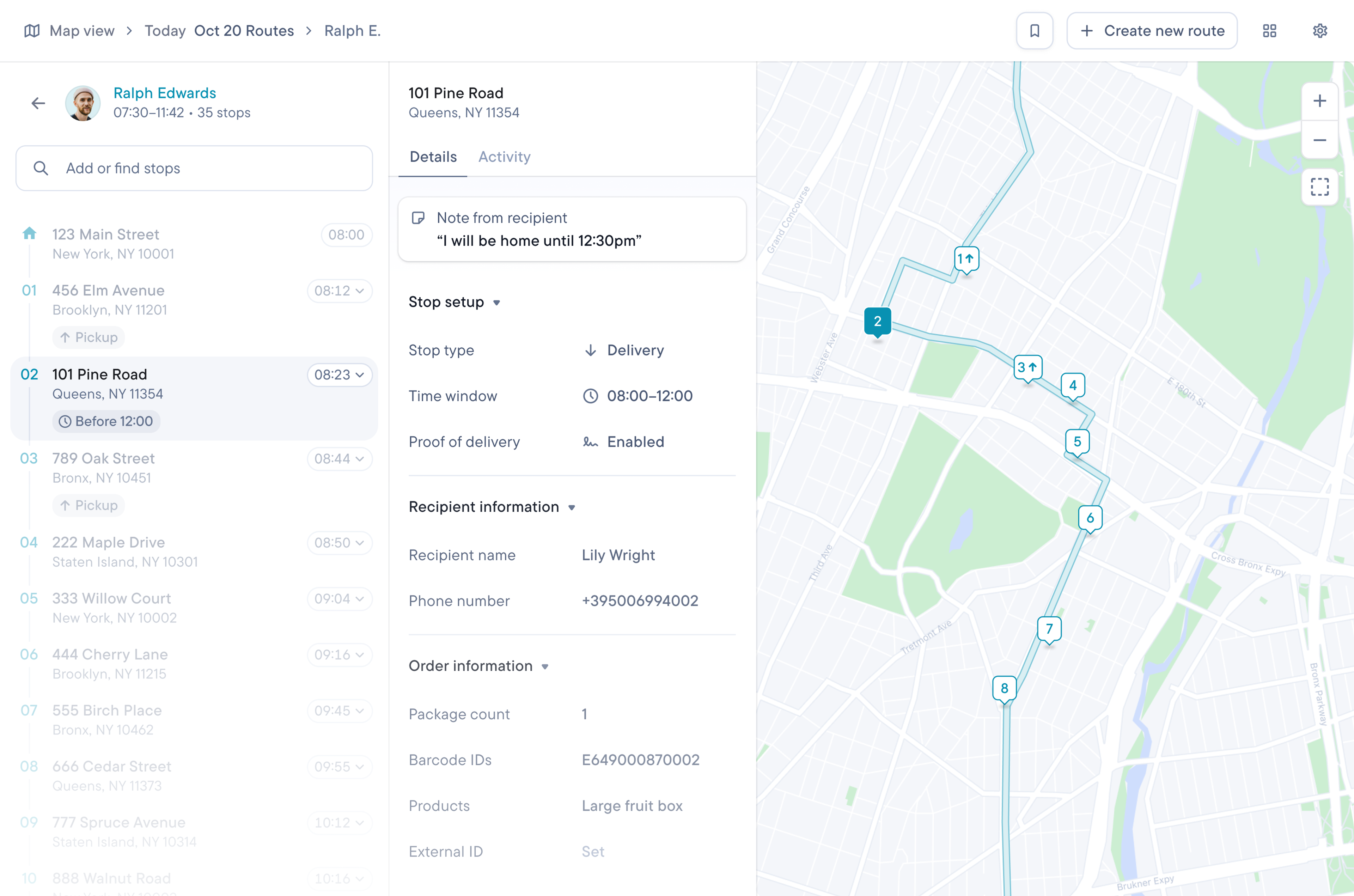 Dispatch showing a list of stops, details for 101 Pine Road including delivery time and recipient note, and a map with the route.