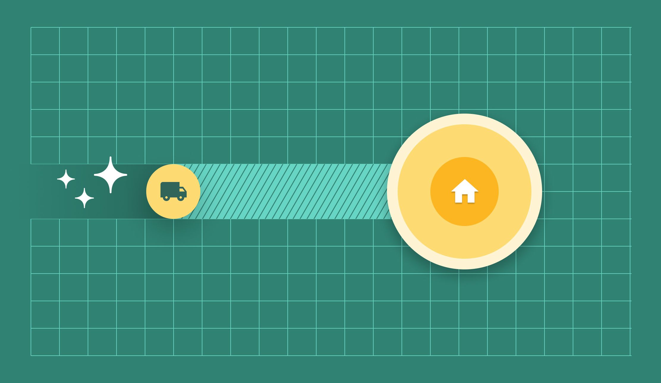 A green grid with a truck in the middle going to a house