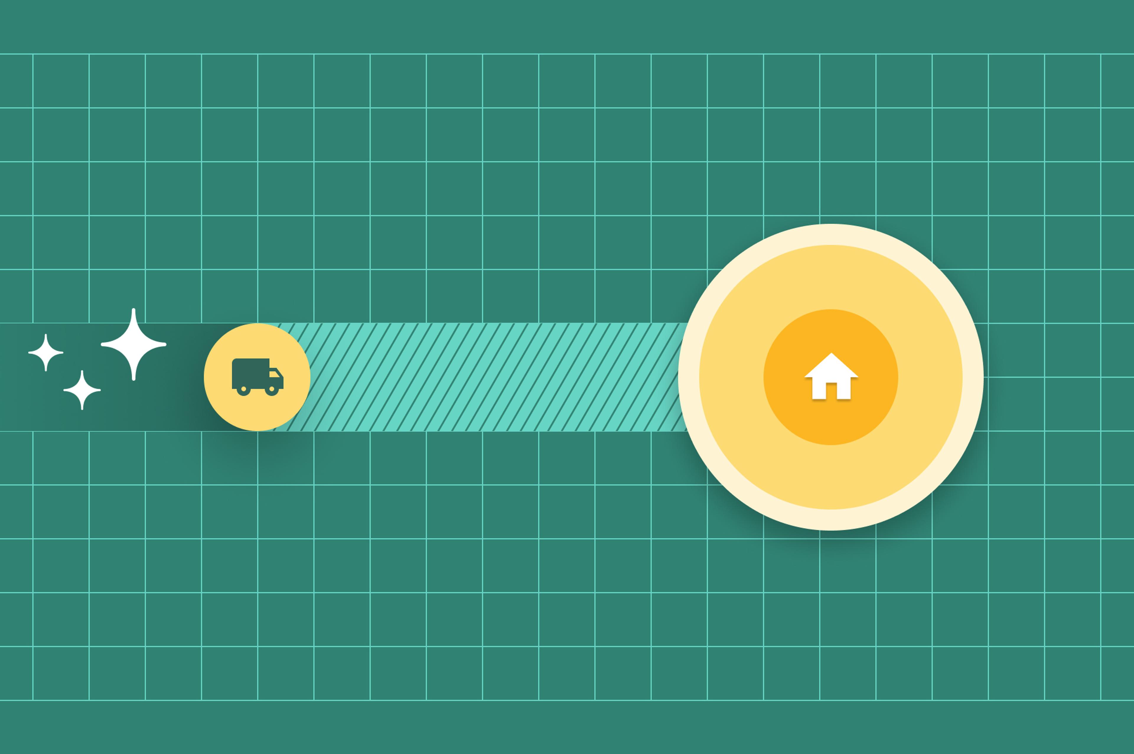 A green grid with a truck in the middle going to a house