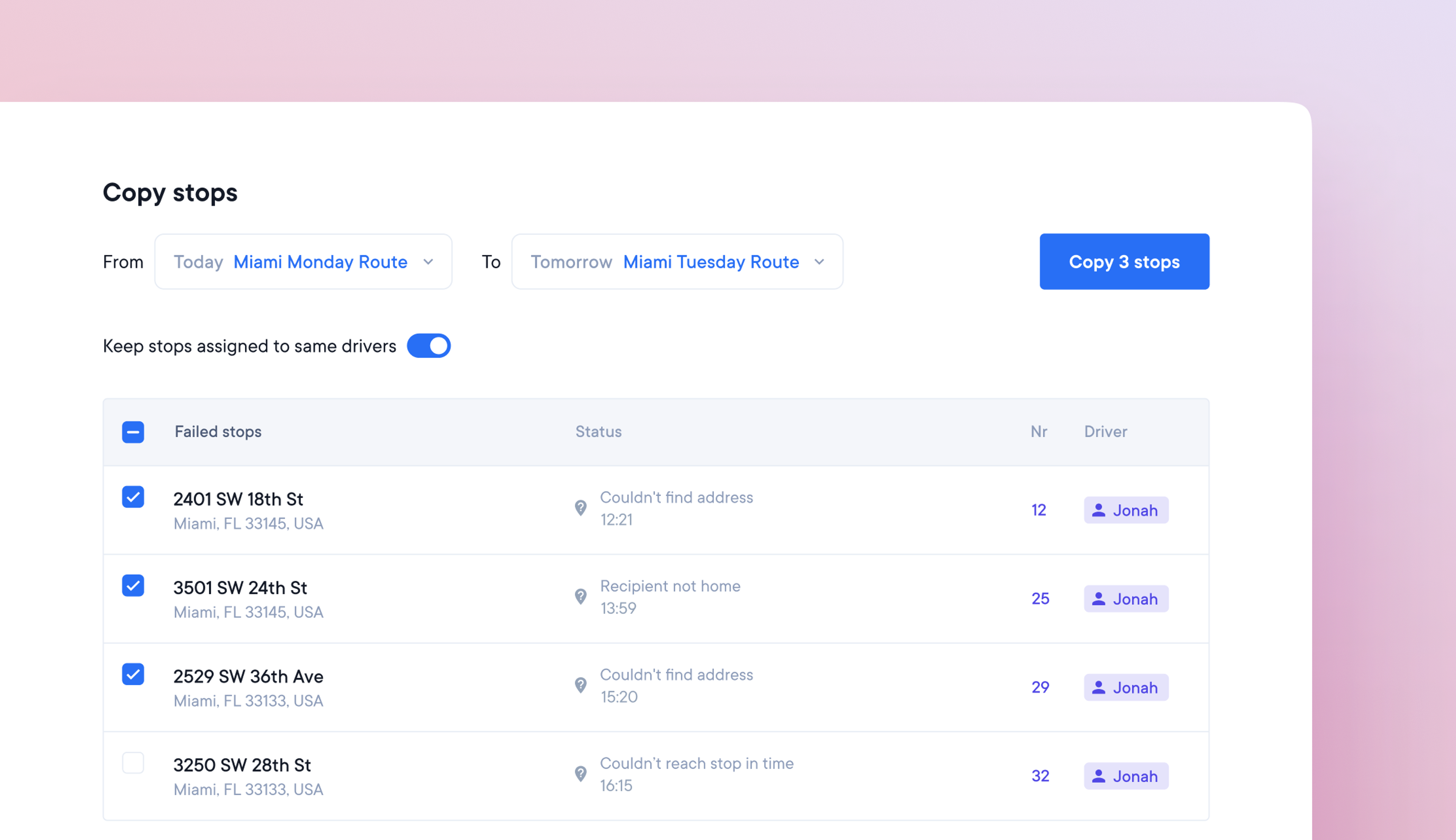 Copy incomplete stops to a new route