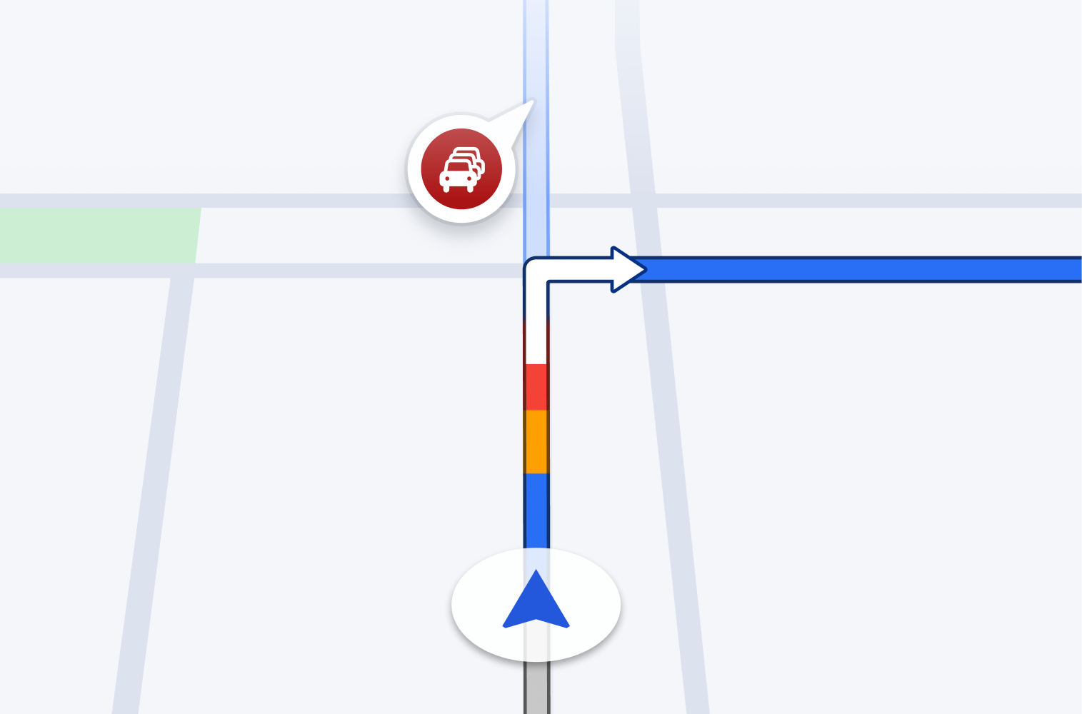Navigation map with a turn arrow and a traffic disruption alert