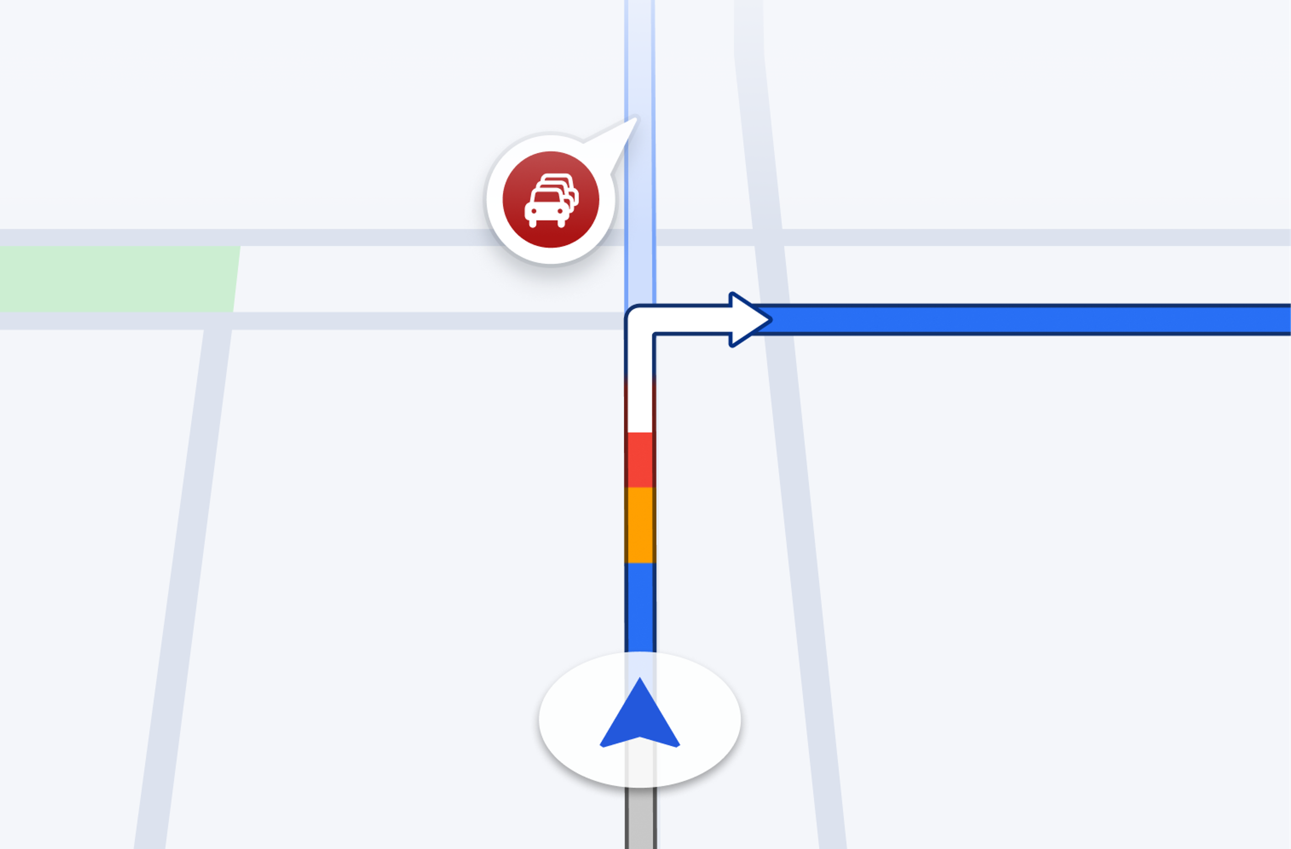 Navigation map with a turn arrow and a traffic disruption alert